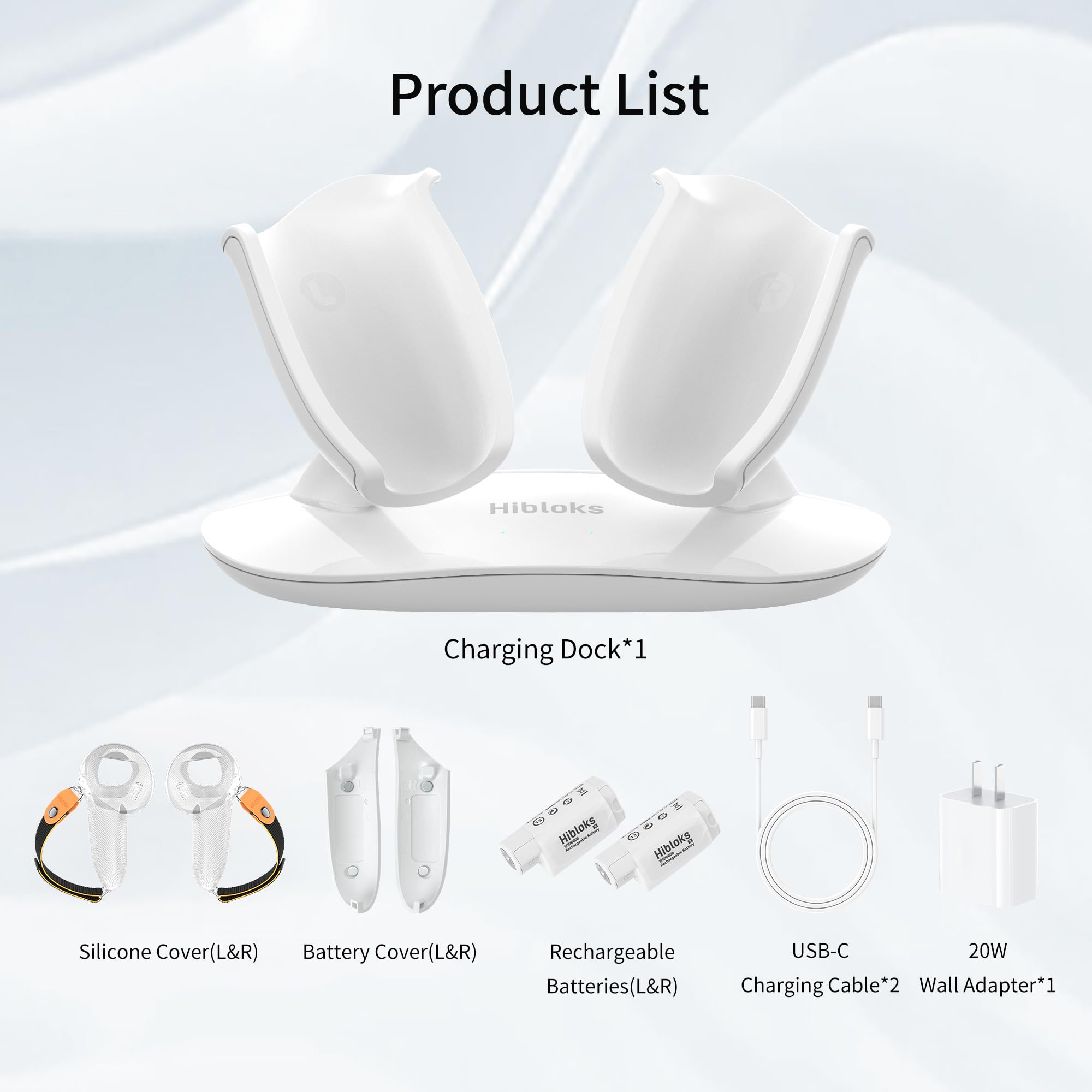 HiBloks - Base de carga para Meta Quest 3, carga inalámbrica magnética para controlador Oculus Quest 3S con 2 fundas de agarre de silicona, adaptador de 20 W, 2 baterías recargables, 2 cubiertas de