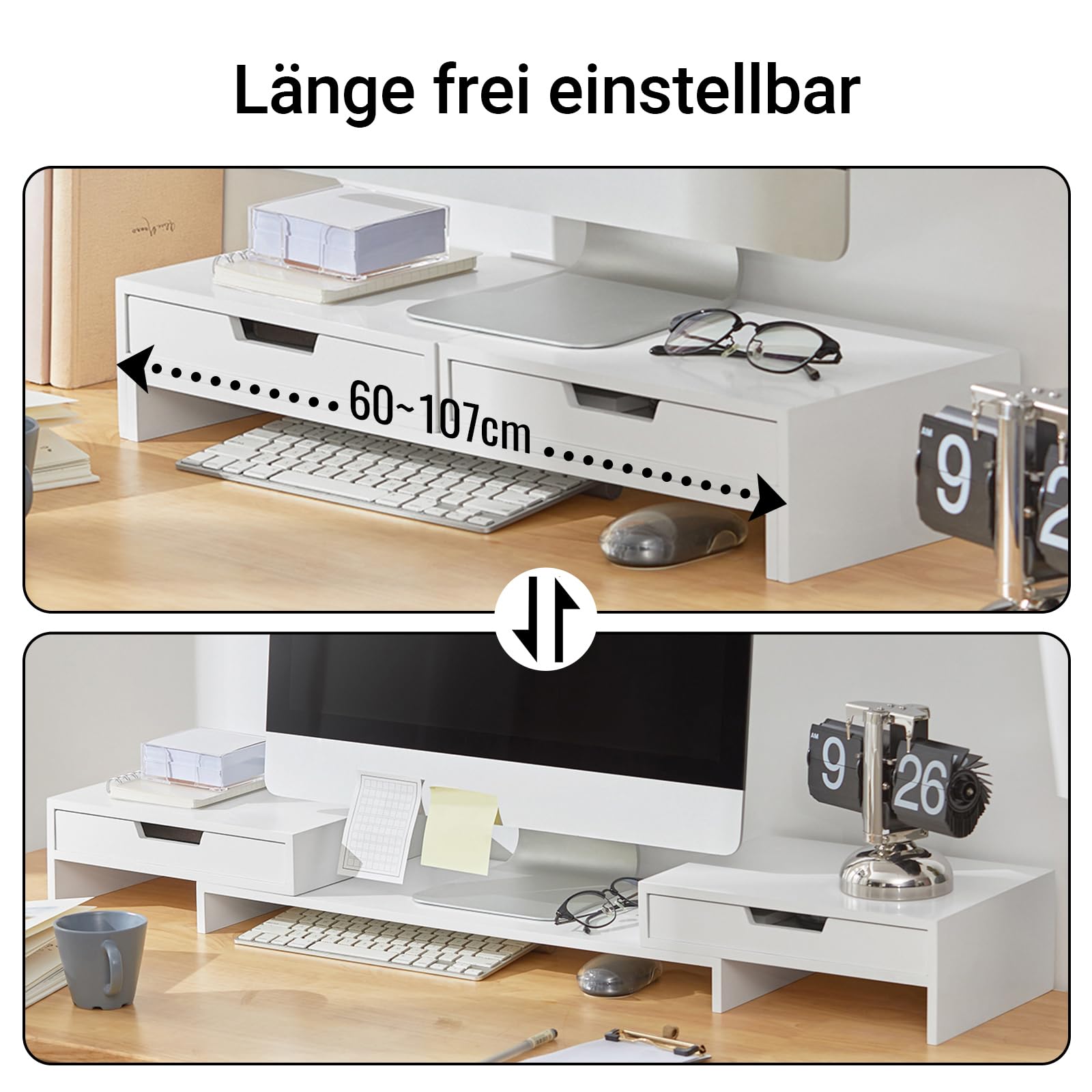 SoBuy Breitenverstellbarer Monitorständer mit 2 Schubladen, Schreibtisch Organizer, Bildschirmständer für 2 Monitore, Monitorerhöhung für Schreibtisch, Büro Organizer, Weiß, 60–107x11x22cm BBF04-W