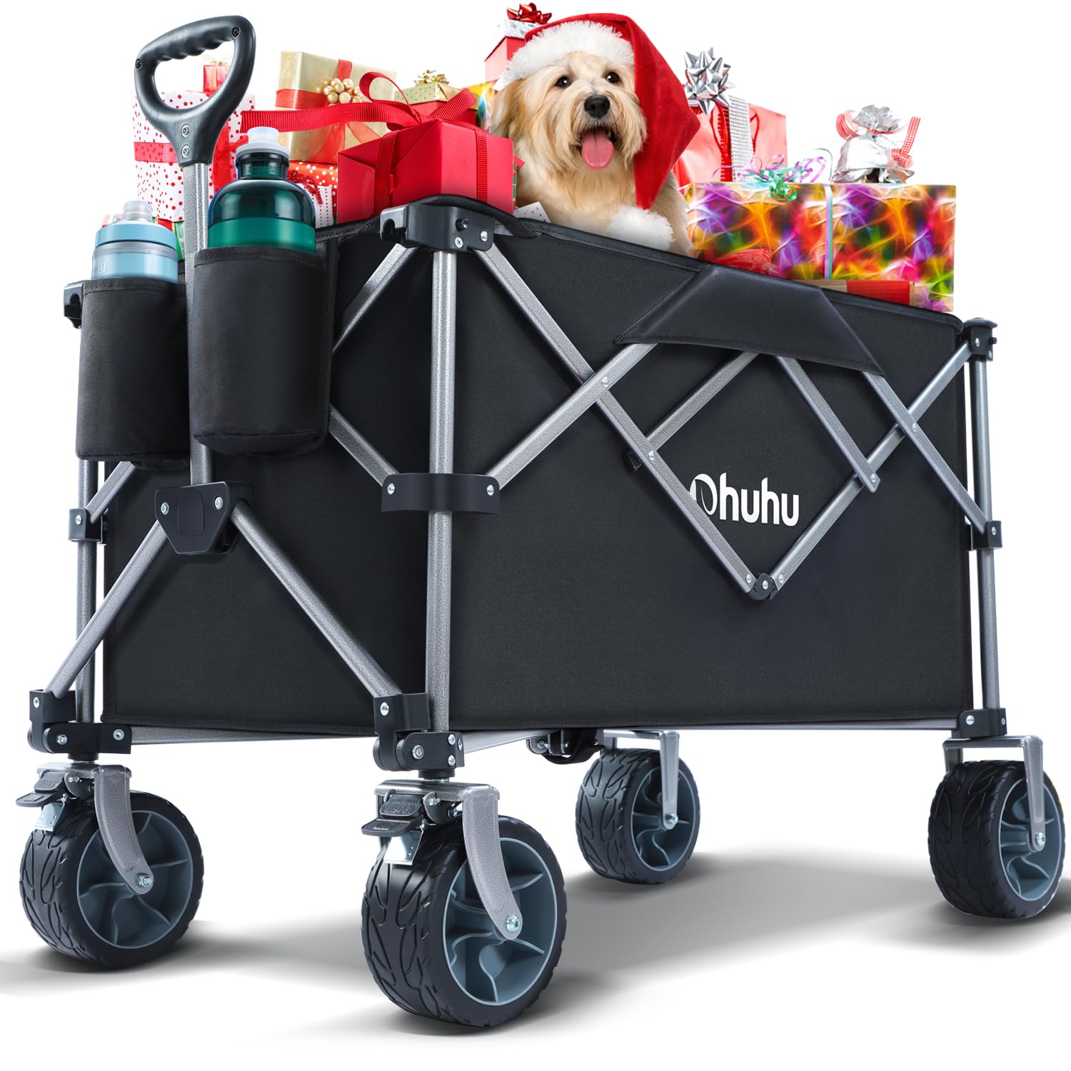 Carro Playa Plegable con Ruedas Grandes 200L, Carro Plegable Utilitario Carrito Camping Transporte para Jardín, Carro Portátil hasta 200 kg, Gran Vagón Plegable con Manija Ajustable & Bolsillos