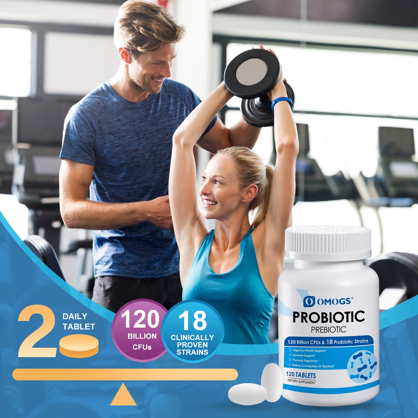 OMOGS Probiotics 120 Billion CFUs 18 Strains,with 3 Organic Prebiotics & Vitamin C,Nutritional Supplement for Women,Men & Kids,Support Metabolism,Immunity and Digestive Health,Non-GMO, 120 Tablets — Amazon image 7