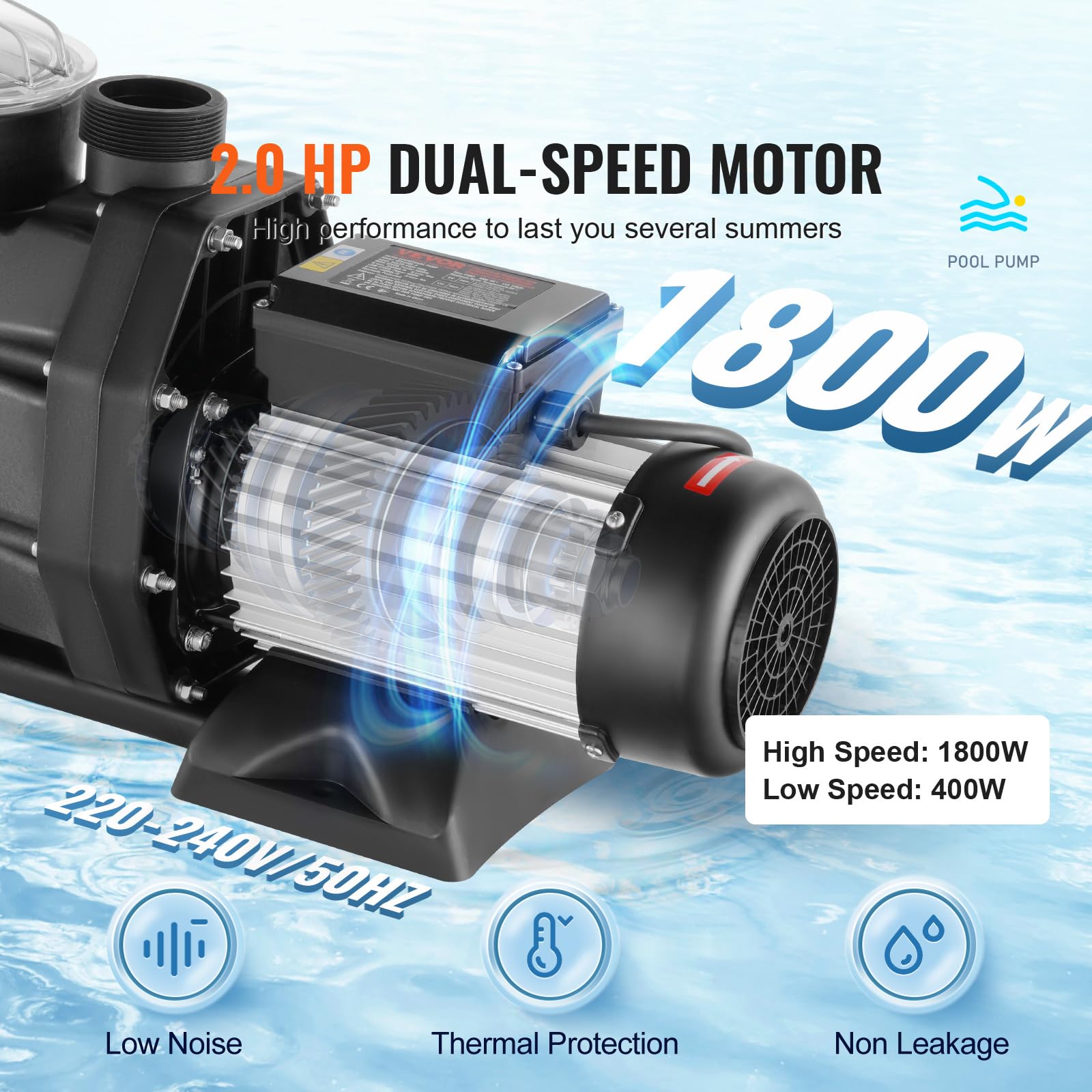 VEVOR Pompa do basenu naziemnego, 220 V 240 V podwójna prędkość 1450/2860 obr./min 1800 W 33000 l/h maks. wydajna pompa, energooszczędna pompa basenowa do basenu na zewnątrz