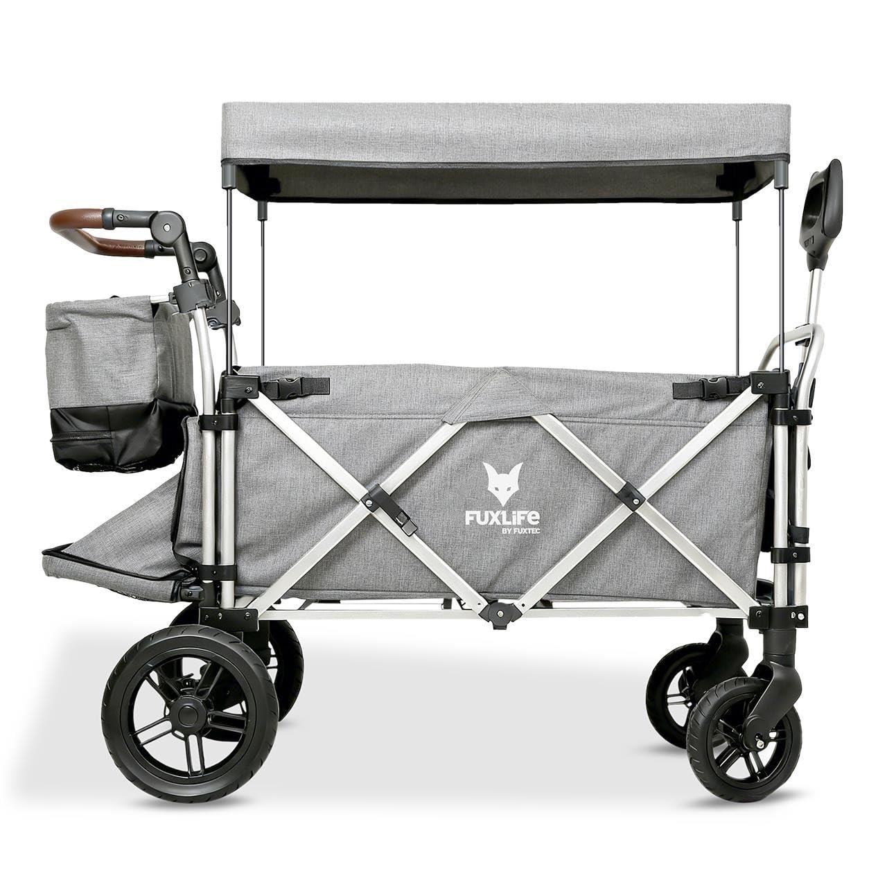 FUXLIFE Chariot Pliable Enfants FX-CTL950 Gris – Chariot de Transport avec Toit Solaire, Harnais 5 Points, Roues à Suspension