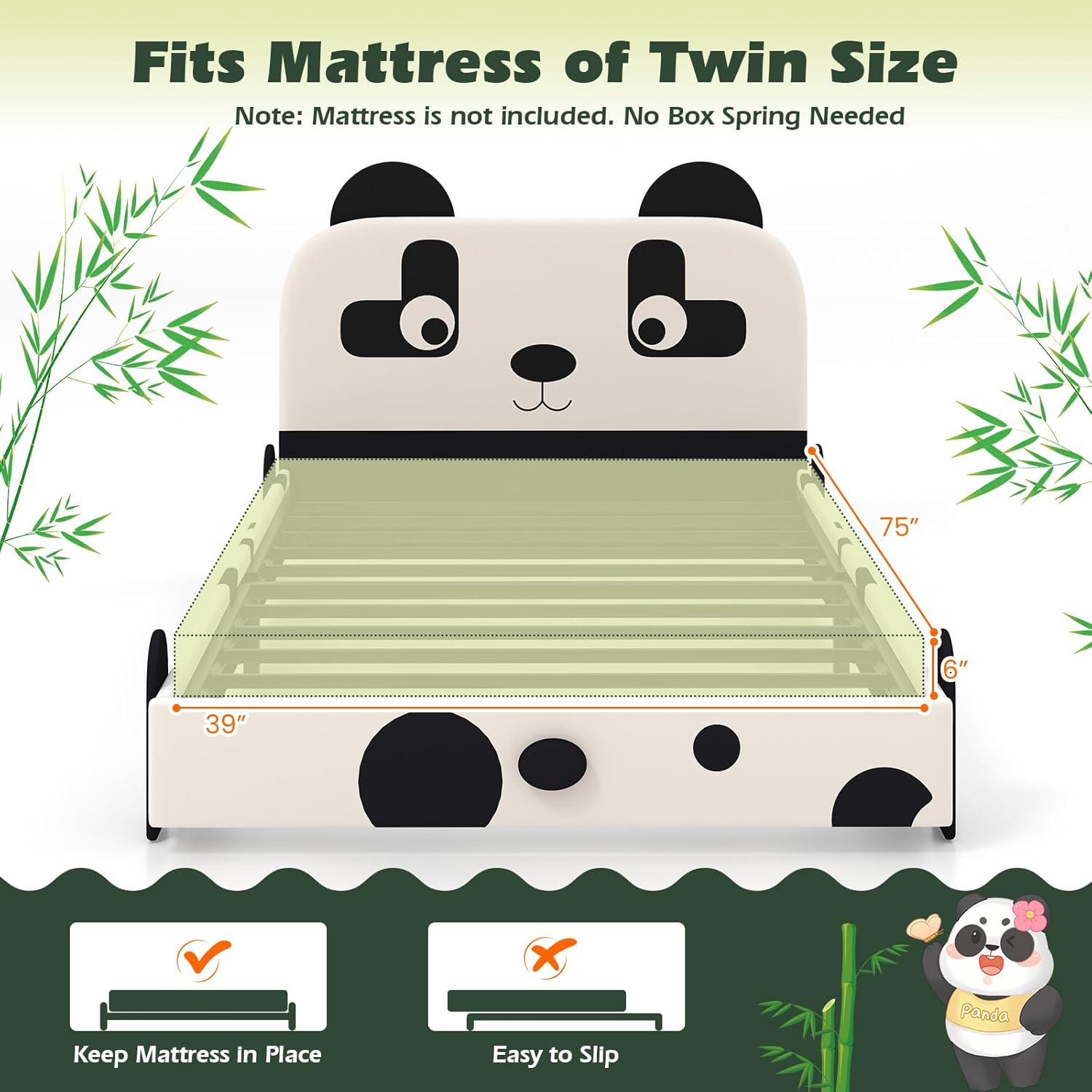Costzon Twin Bed Frames for Kids, Metal Upholstered Twin Bed Platform with Slat Support, Padded Headboard&Footboard, No Box Spring Needed, Easy Assembly, Fits Standard Twin Mattress (Cute Panda)