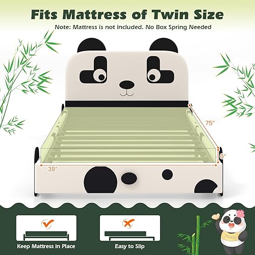 Miniatura 6 de Costzon Base de cama individual para niños, plataforma de cama individual tapizada de metal con soporte de listones, cabecera y estribo acolchados,