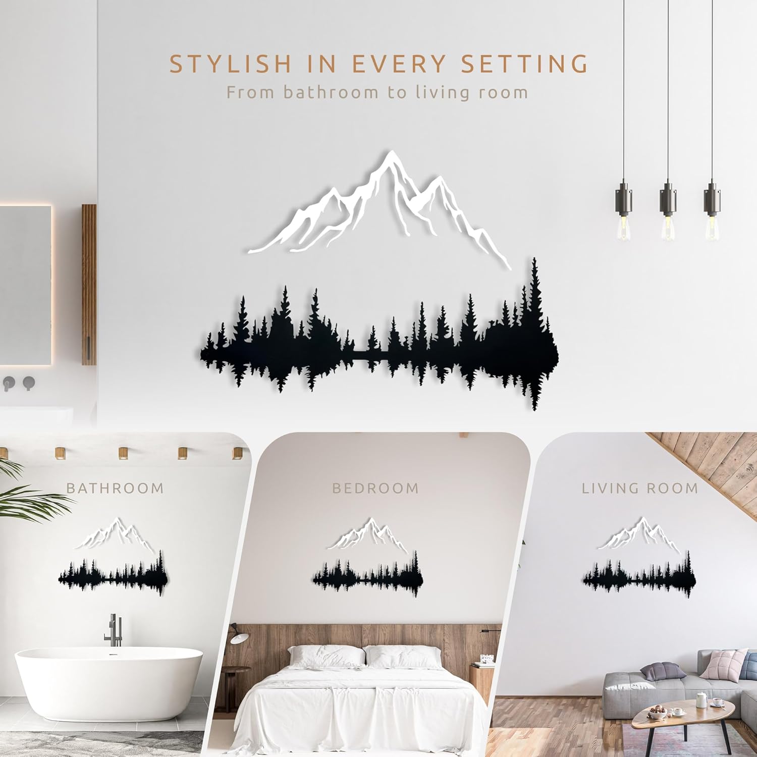 White & Black 18x12 Wita Home Mountain and Forest Metal Wall Art, Wall Mounted Nature Home Decor, Pine Trees with Lake Reflection Wall Art for Living Room, Bedroom or Office, Large Outdoor Wall Decor, Nature Christmas Decor (White Mountain-Black Forest, 1