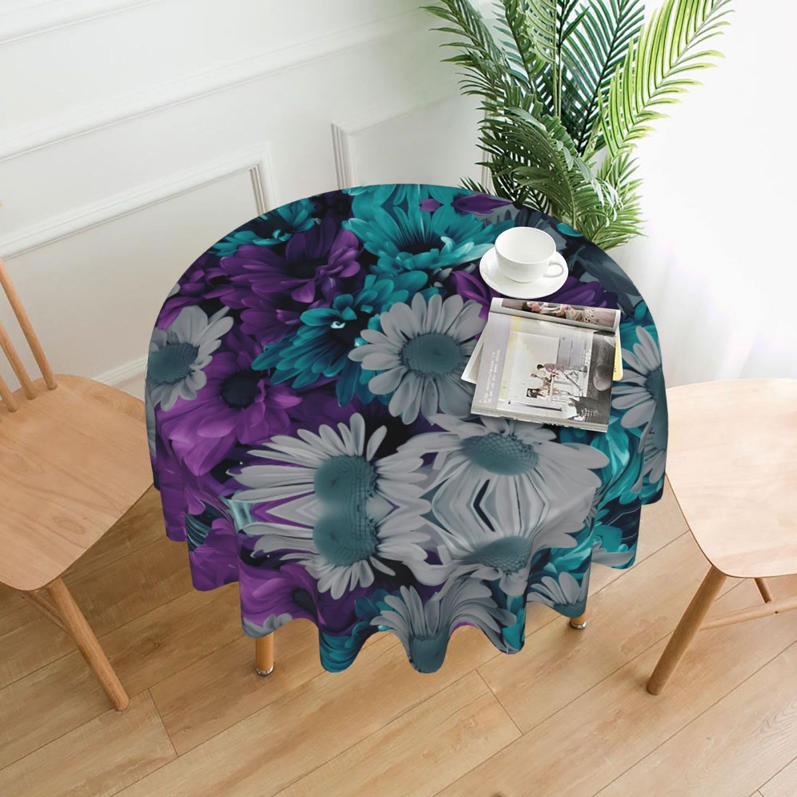 hhxvcv Purple And Teal Flowers Round Tablecloth – Dining Table Cover