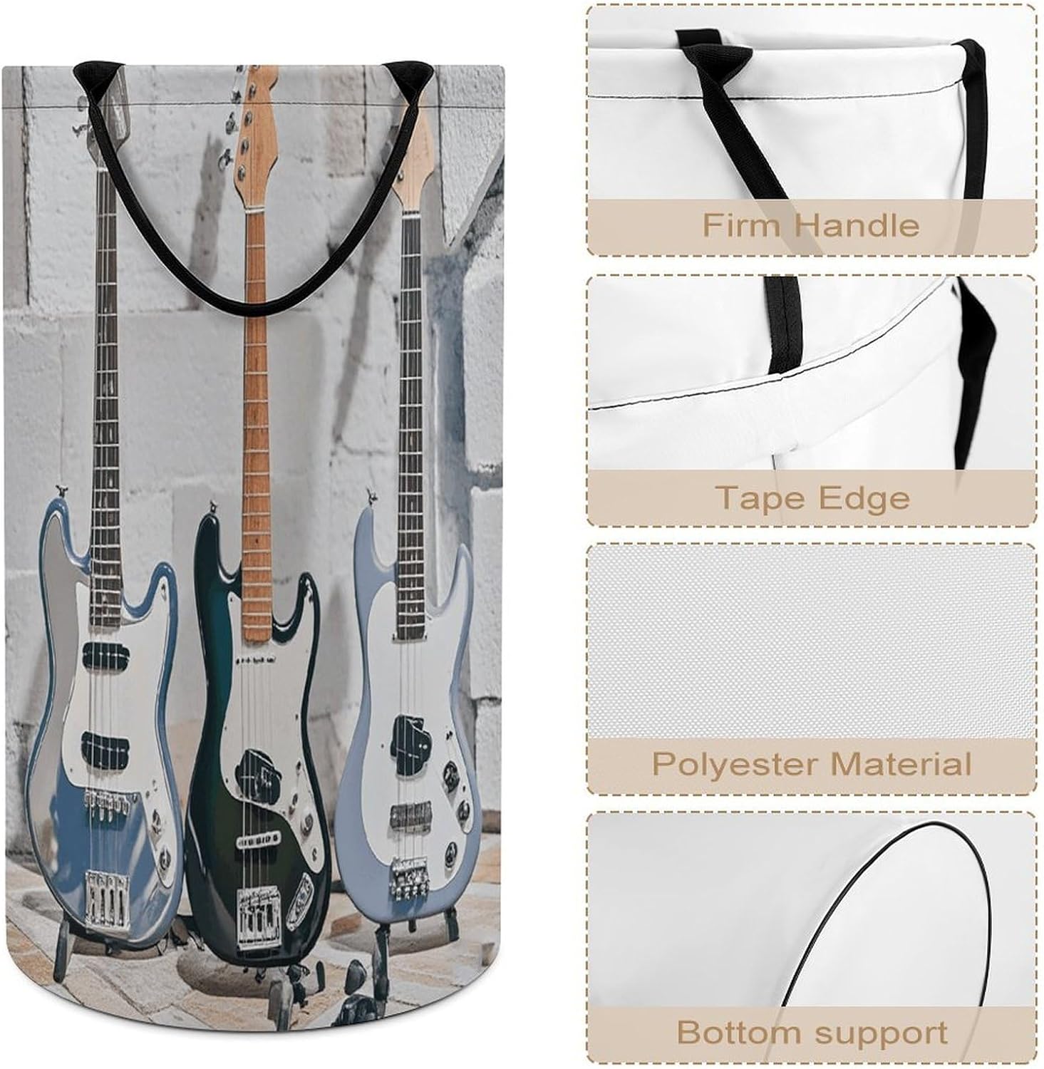 Guitar Bass Music Musical Instruments Laundry Hamper with Handles Freestanding Large Laundry Basket Collapsible Clothes Hamper Waterproof Clothes Basket for Family Bathroom Decor Storage 86L