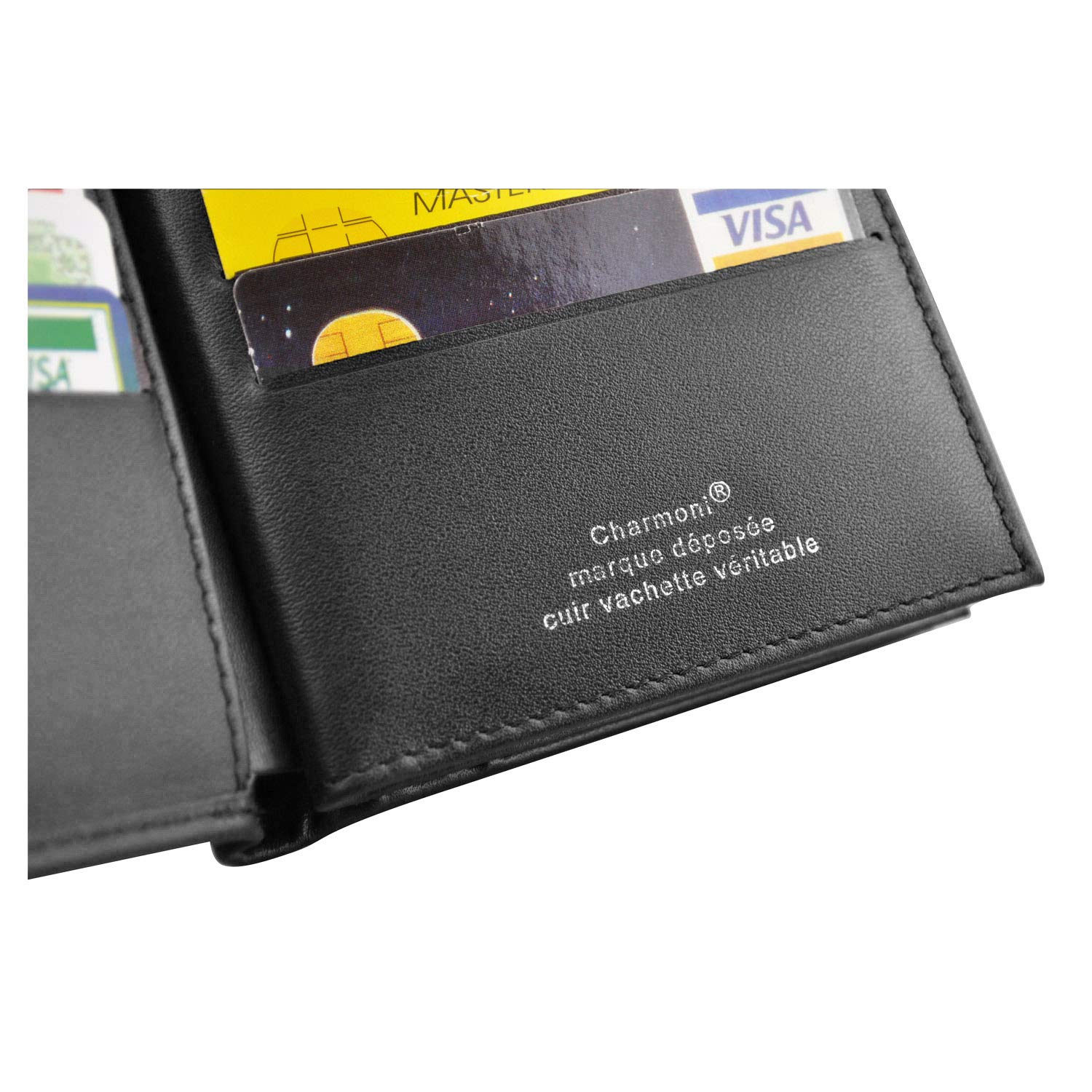 Charmoni - Max - Grand Portefeuille - Portefeuille Homme - Anti piratage Protection RFID Blocage - 4 Volets - Cuir Vachette - 22 Carte Bleu - Rangement complèt (Cuir Vachette, Noir)