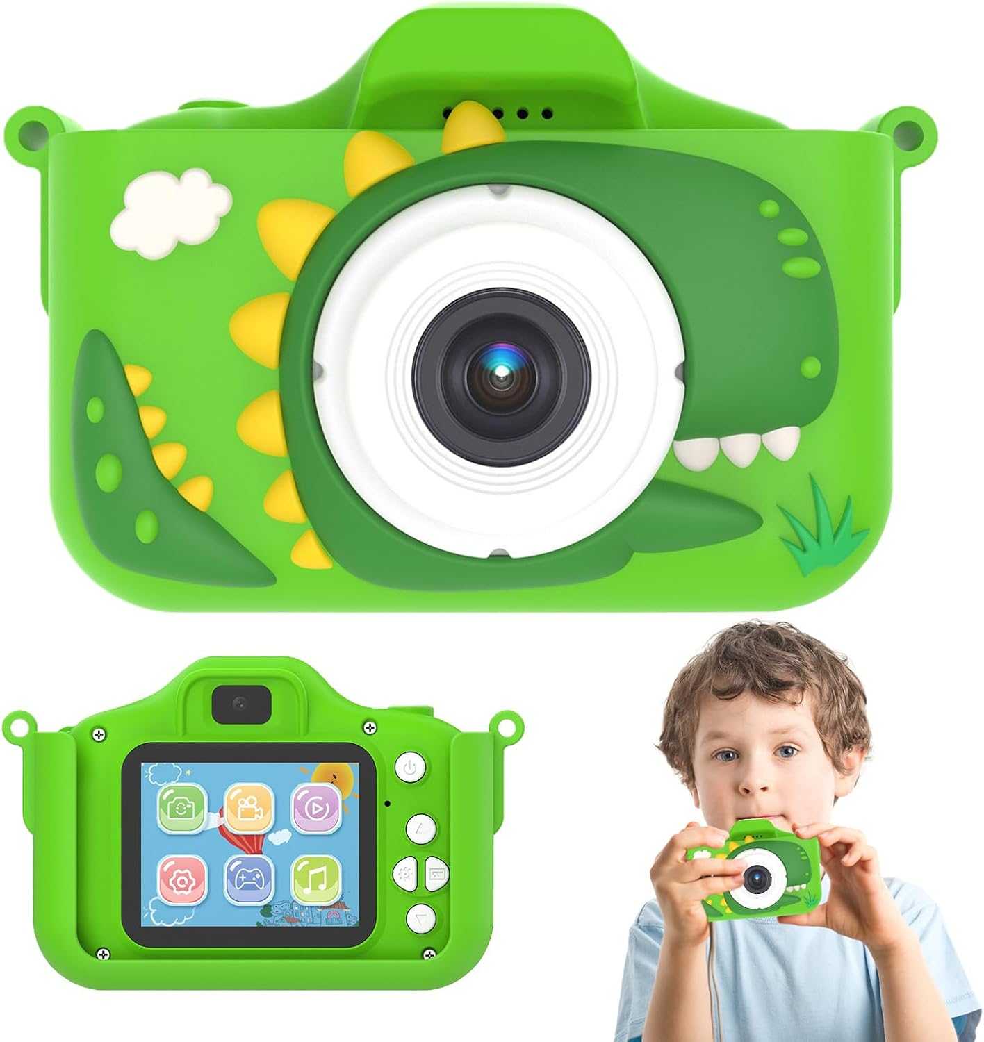 awakentti Children's Camera Toys, Children Digital Video Camcorder Camera with Cartoon Soft Silicone Cover, Cute Portable Toy for Kids Aged 3-12 Years Old (Green)