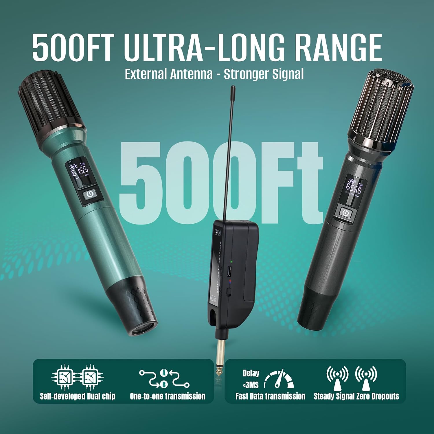 Dual Wireless Karaoke Microphone Set, Up to 500 ft Range