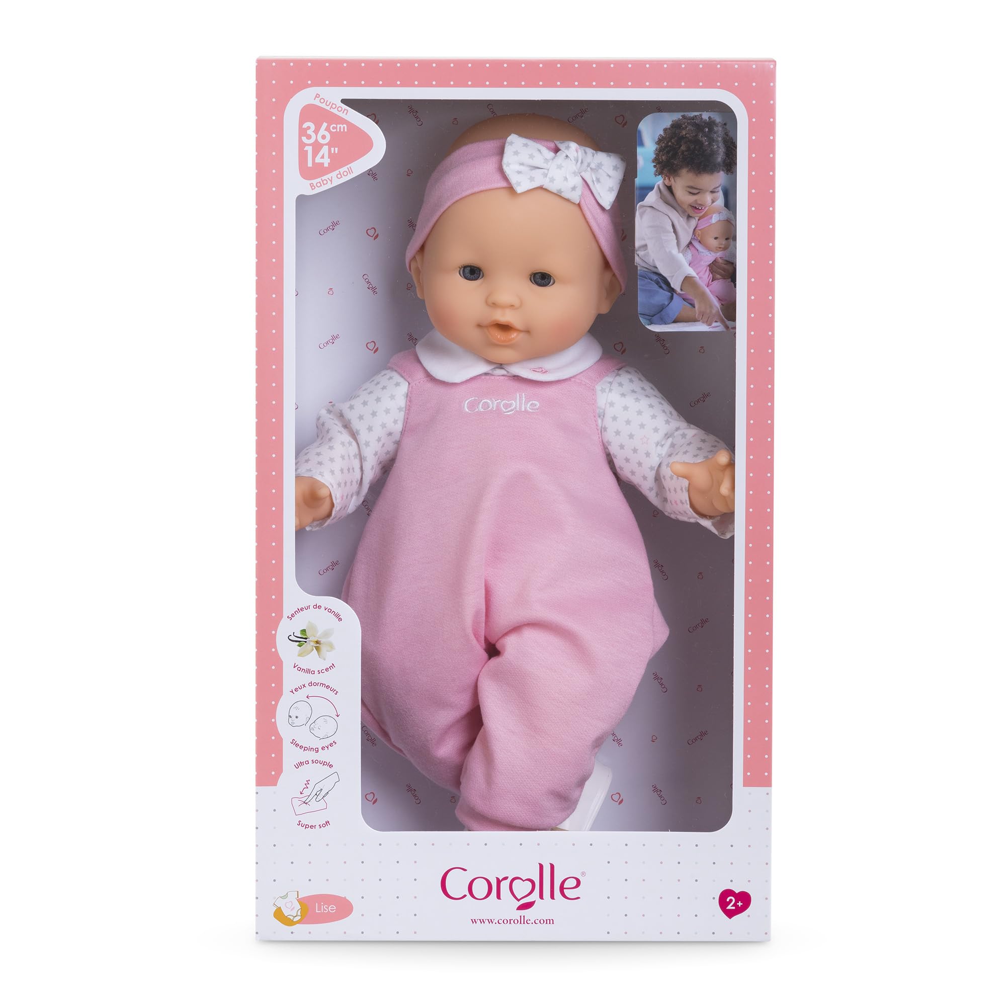 Corolle Mon Grand Poupon Lise, Weichkörperpuppe mit Schlafaugen, kann sitzen und Daumen lutschen, Vanilleduft, 36cm, ab 2 Jahren
