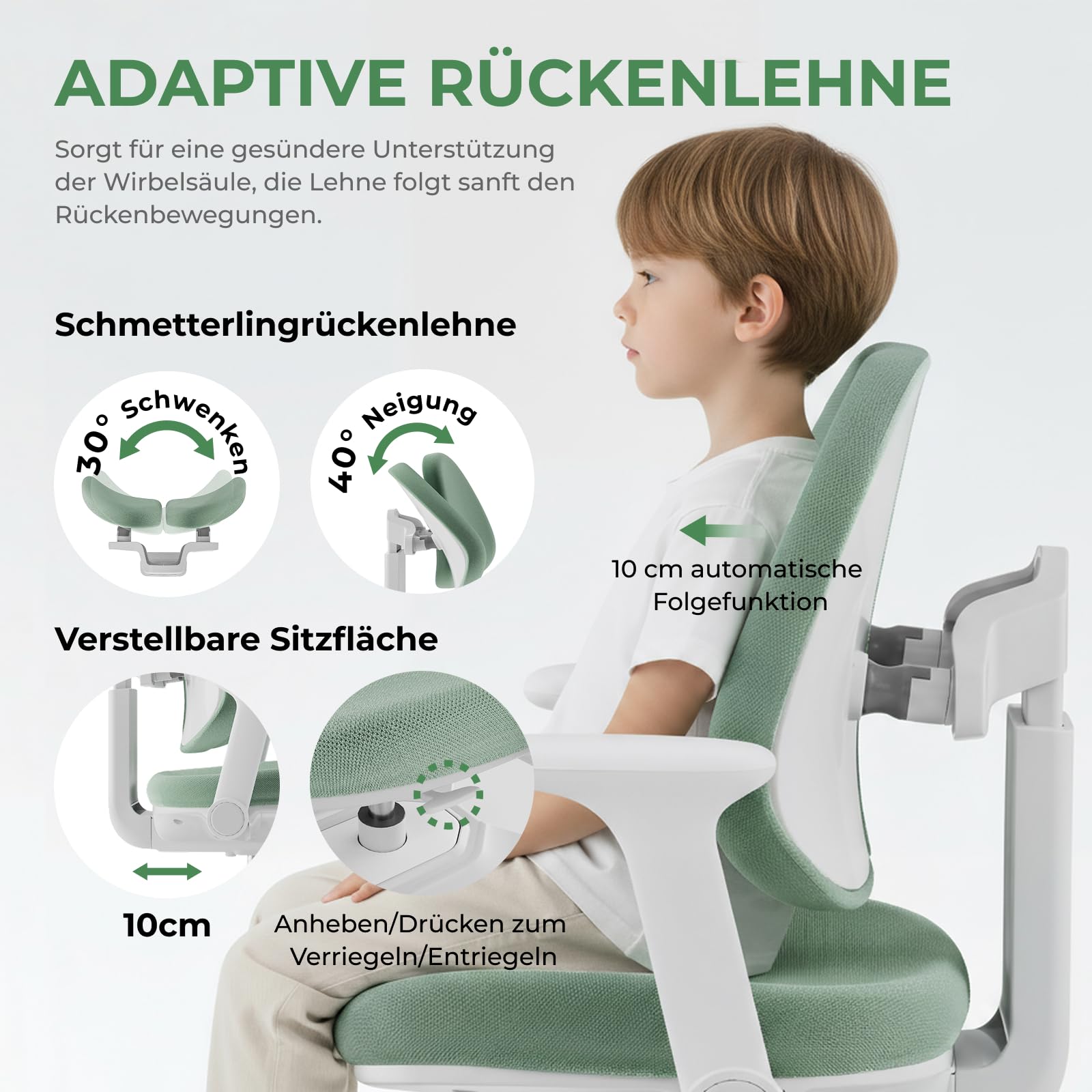 HOKO Ergo Study Kid Schreibtisch Stuhl Grün. Höhenverstellbarer, mitwachsender Kinder Stuhl. Sitz und Rücken separat verstellbar. Ergonomisches Sitzen für Kinder (Milo)