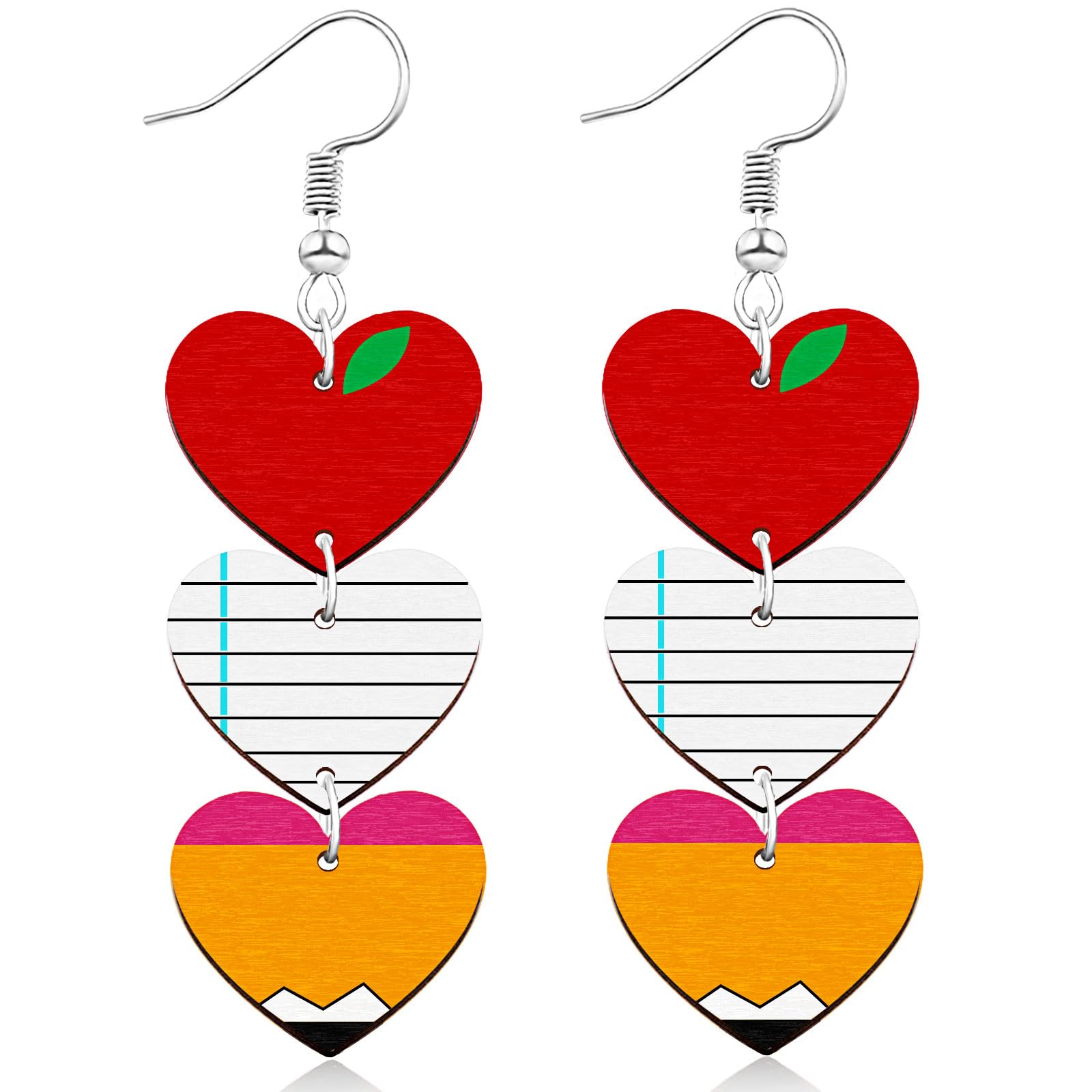 Ronglry Double-sided Print Wooden Teacher Earrings for Women Apple Pencil Book Heart Rainbow Shaped Dangle Earrings for Teachers Lightweight Back to