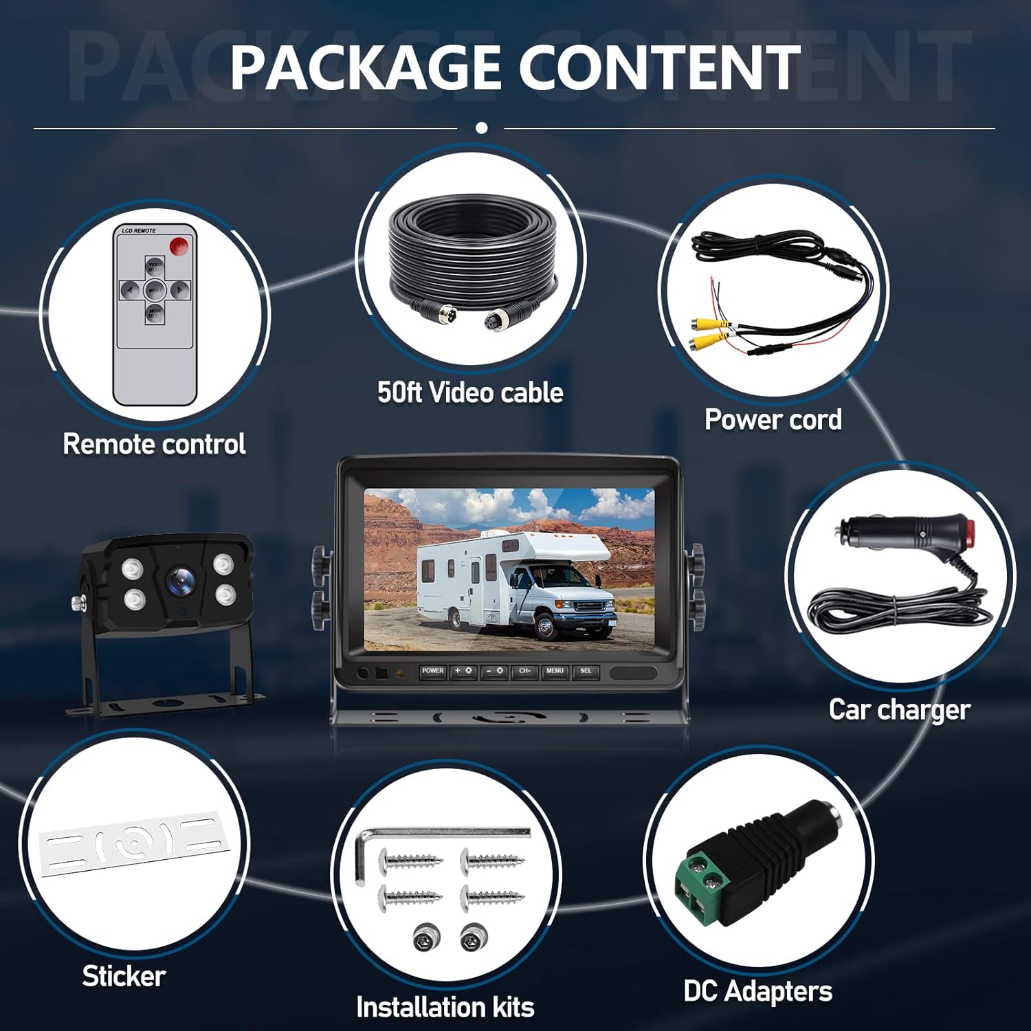 VEKOOTO RV Backup Camera System, AHD 1080P 7'' Monitor Wired Rear View Camera with IR Night Vision IP69 Waterproof Two-Split Screen Design for Tractor Truck RV Bus Skid Steer N71