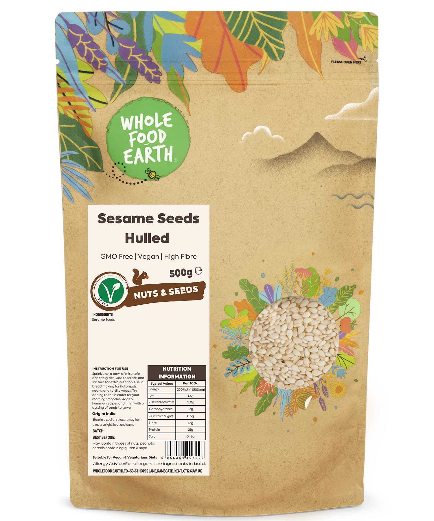 Wholefood Earth Sesame Seeds Hulled 500 g | GMO Free | High Fibre