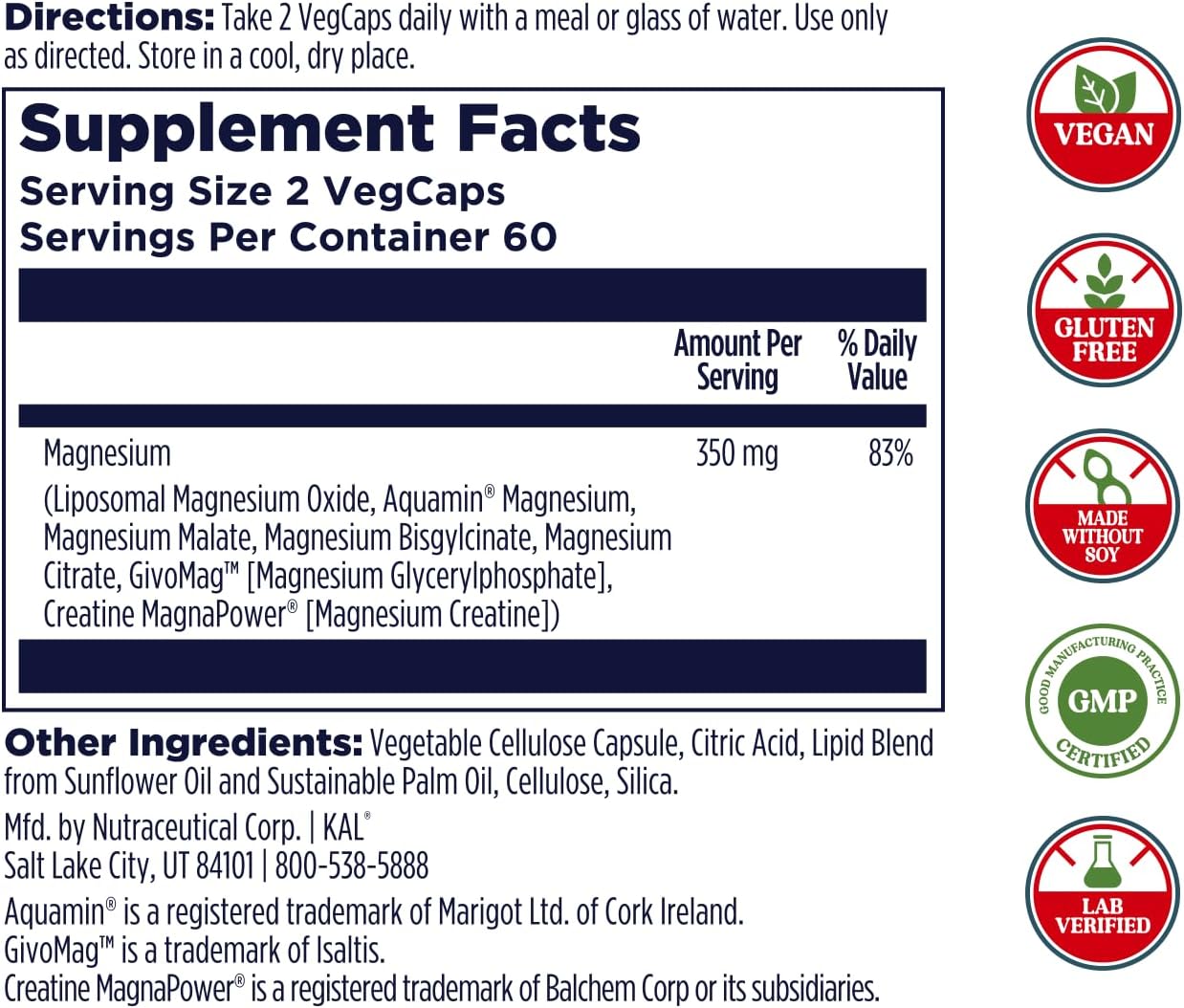 KAL Magnesium Complex 7 - Total Complex with Magnesium Glycinate, Citrate, Malate and More - Relaxation and Whole Body Support Supplements - Vegan, 60-Day Guarantee - 60 Servings - 120 VegCaps - Image 2