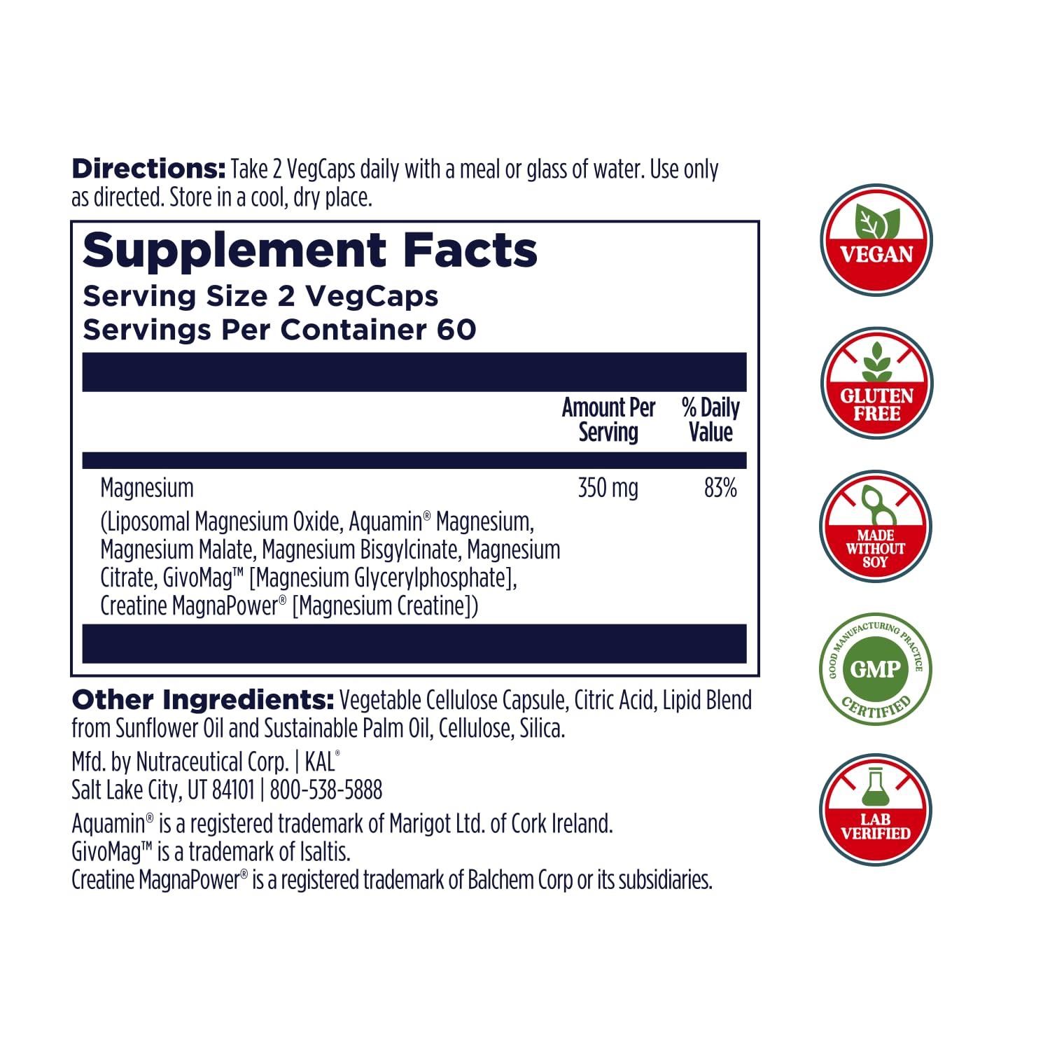 KAL Magnesium Complex 7 - Total Complex with Magnesium Glycinate, Citrate, Malate and More - Relaxation and Whole Body Support Supplements - Vegan, 60-Day Guarantee - 60 Servings - 120 VegCaps — Amazon image 2