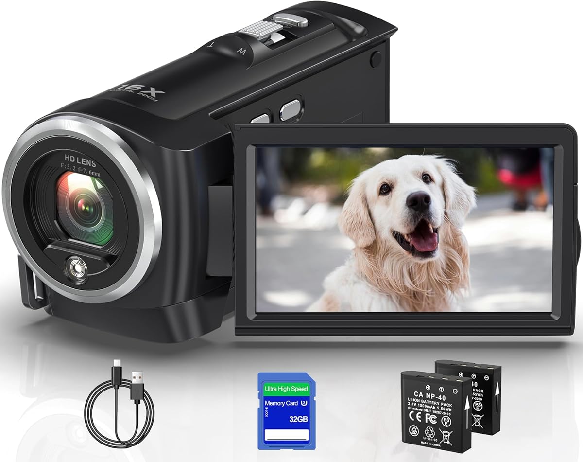 2.7K Video Camera Camcorder QHD 50MP YouTube Vlogging Camera Webcam 16X Digital Zoom with 32G SD Card 270 Degree Rotation Screen Camcorders and 2 Batteries Recording While Charging