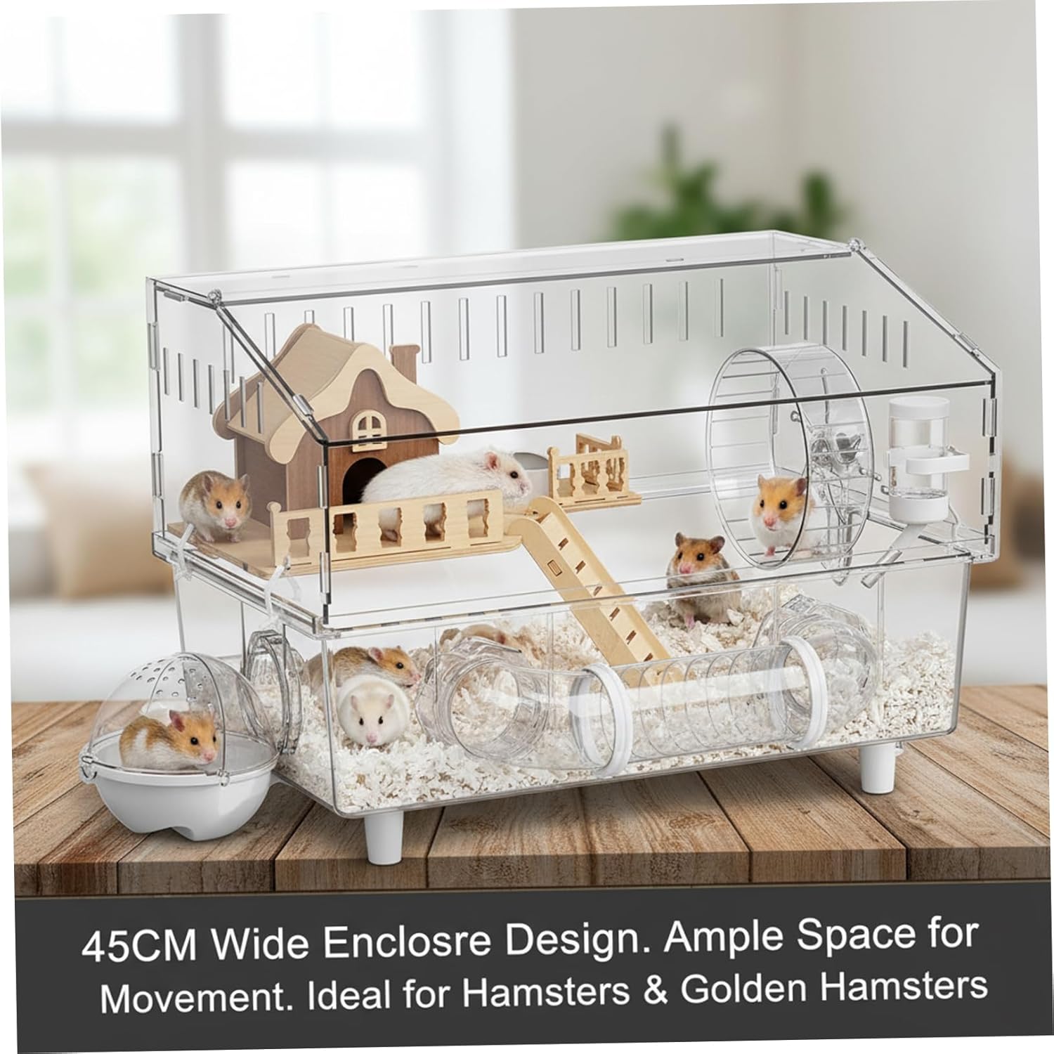 Acrylic Hamster Cage - 18in Spacious Hamster Habitat with 9Pcs Accessories Including Cozy Wooden House for Dwarf Hamsters, Gerbils, and Pet Mice