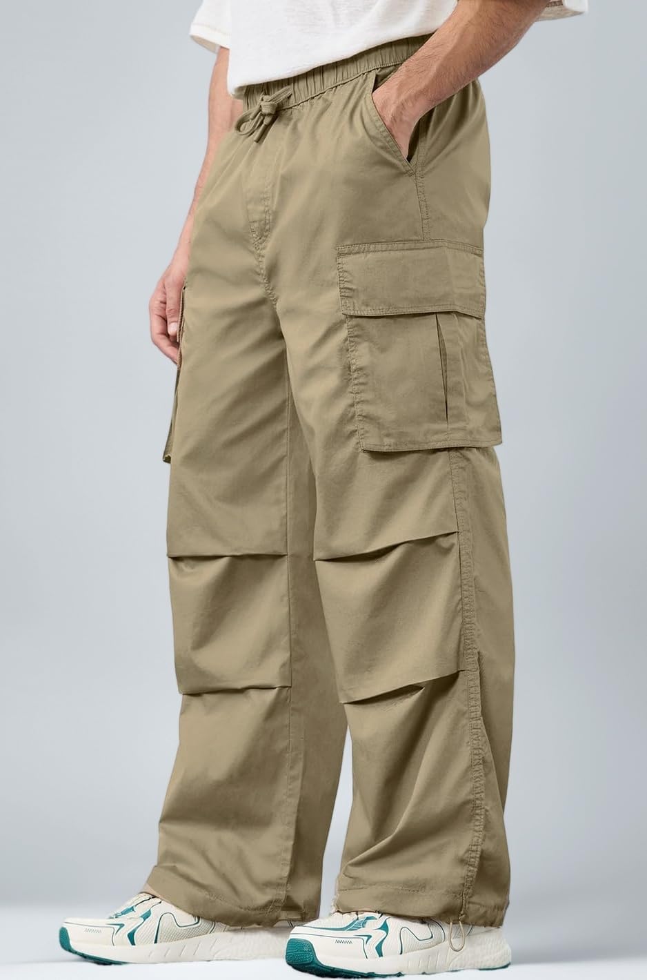 Parachute Pants: Oatmilk Men and Boys Drawstring Waist Solid Cotton Twill Adjustable Hems Lightweight Utility Baggy Fit Cargo Parachute Pants