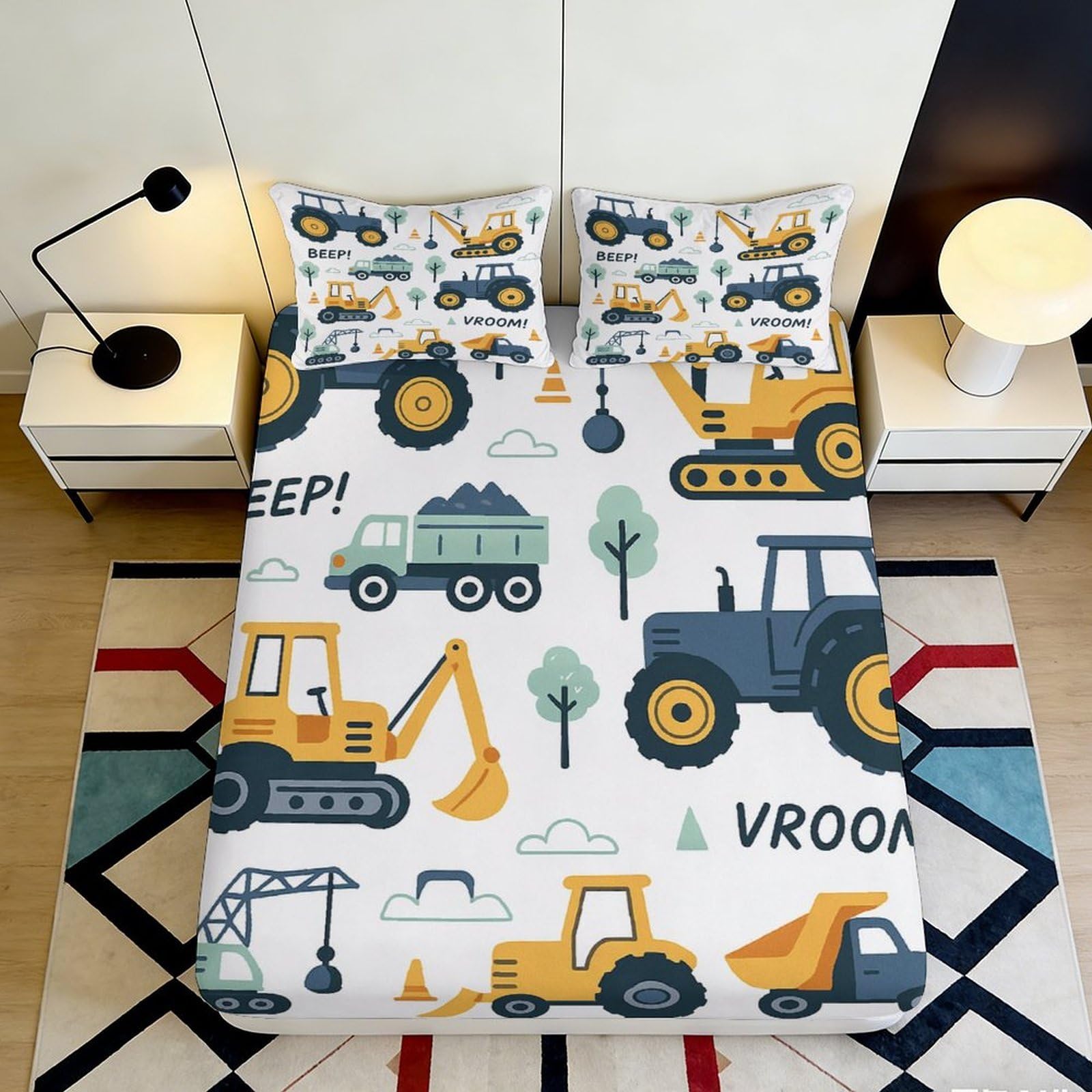 3D Printed Construction Vehicles Fitted Sheet Microfiber Anti-Slip Cartoon Trucks Bed Cover for Kids Bedroom Dorm Protection Decor 160x200x25cm