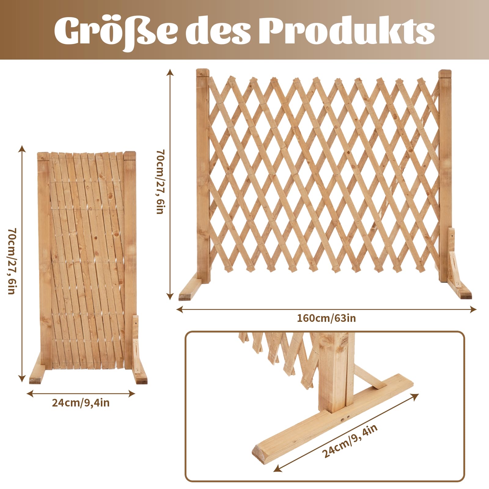 MYOYAY 2 Stück Ausziehbar Holz Rankgitter, Verstellbar Zaun für Hunde 70CM Hoch, Holzzaun Garten Freistehend Dekorativer Gartenzaun (24-160cm) für Pflanzen Haustiere Garten Balkon - Naturholzfarbe