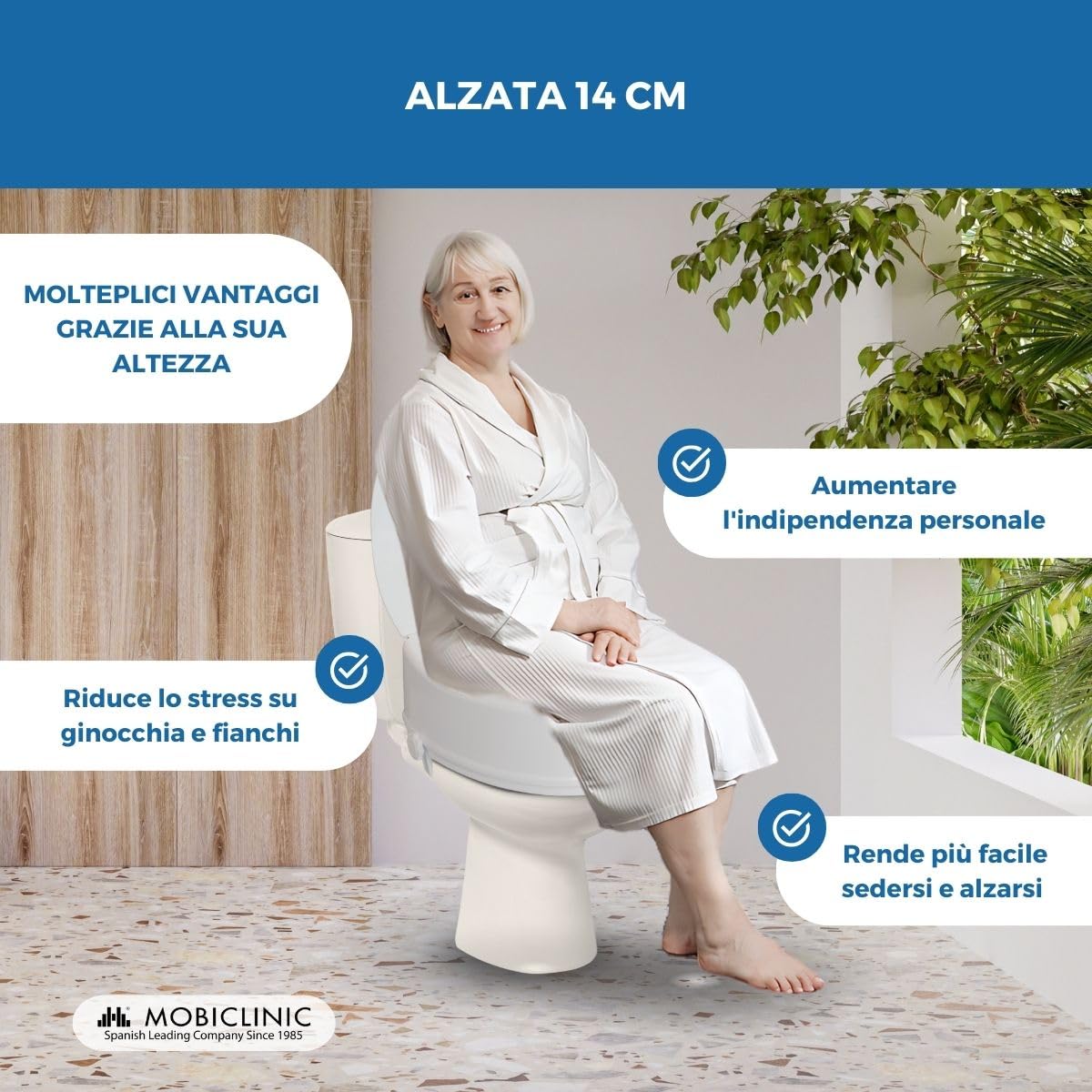 Mobiclinic, Rialzo wc per Anziani, Altezza 14 cm, Alza water, Con coperchio, Mobilità ridotta, Disabili, Sistema di fissaggio laterale, Ausili, Bianco, Titán