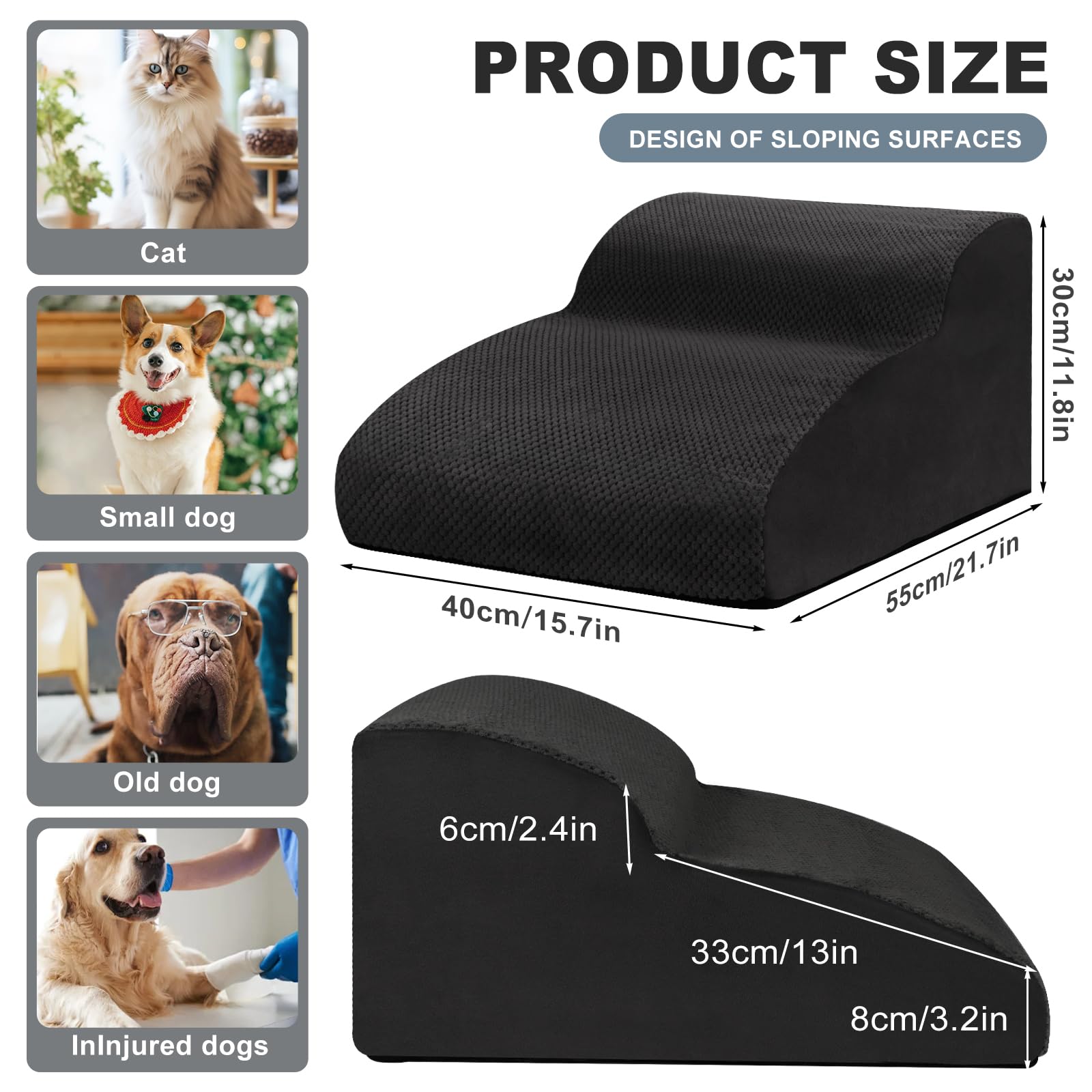Scaletta per Cani 2 Gradini, Rampa Antiscivolo Con Copertura Rimovibile per Animali Domestici, Scala per Gatti per Divano e Letto, Regala Rullo Togli Peli Animali, Nero