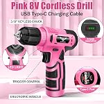JENABOM Ensemble de perceuses : Ensemble d'outils avec 8V Pink Cordless Drill, Kit d'outils à la maison Kits d'outil à la main pour femmes, Avec boîte à outils portable, Propriétaire, Diyer, Handyman, Don pour les femmes & Les hommes,127Piece