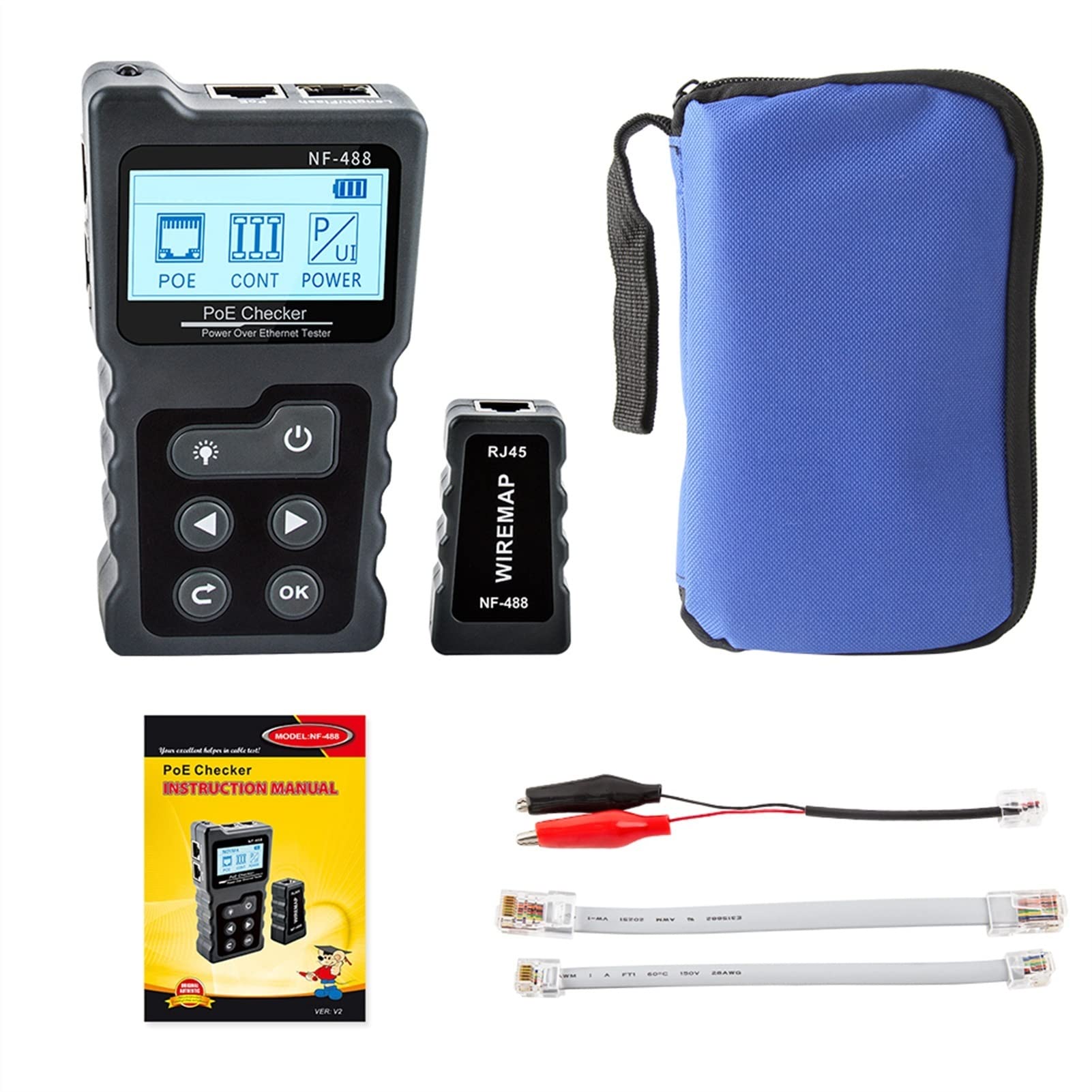 Detector de pared, LCD Testador de cables de red LAN Test Poe Checker NF-488 Probador de corriente de voltaje POE en línea con rastreador de cable el Ethernet