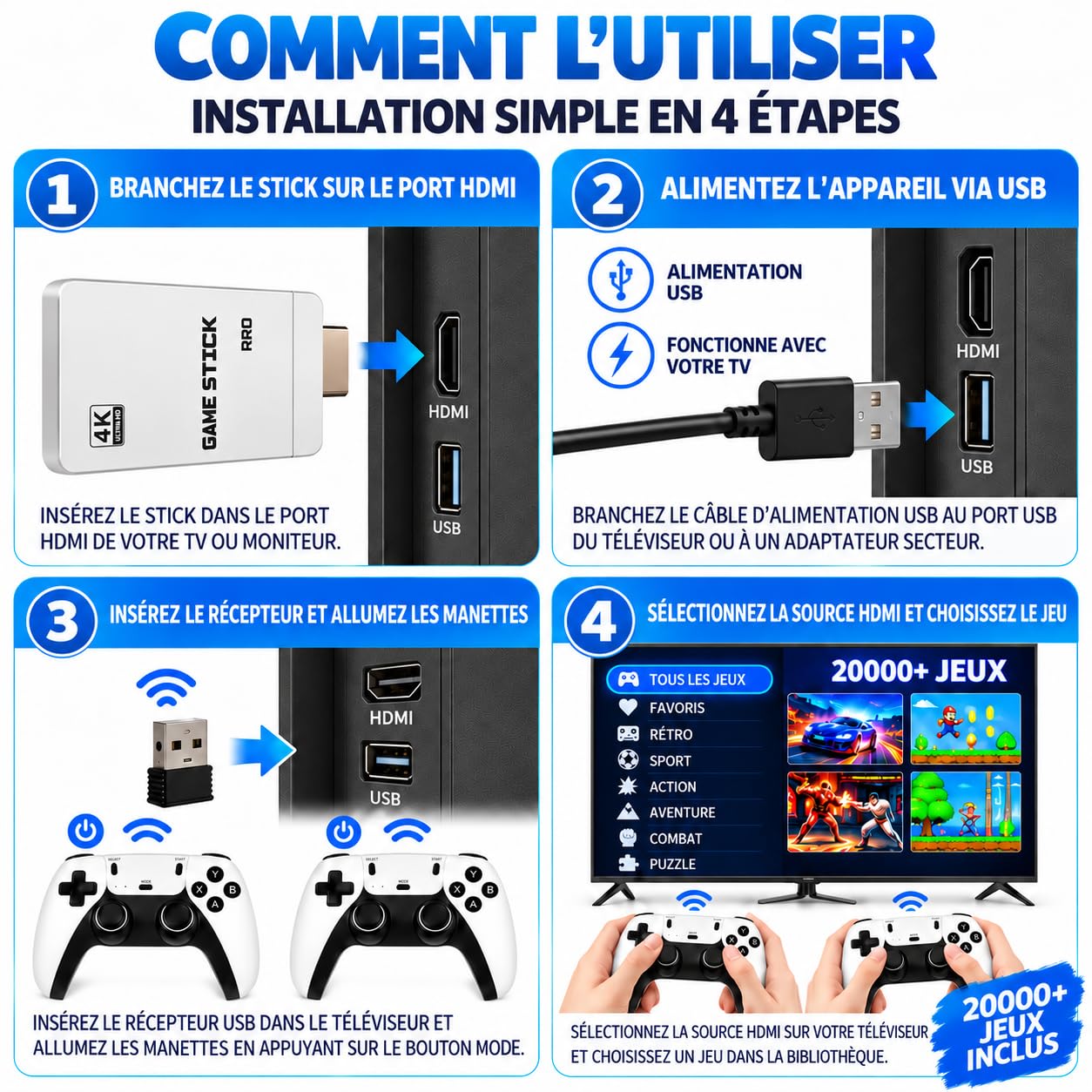Console de Jeux TV rétro Portable sans Fil, Manette sans Fil 2,4 GHz, Jeux d'arcade à Domicile Plug and Play, Affichage Haute définition 4K HDMI, Compatible avec Les téléviseurs et Les projecteurs.