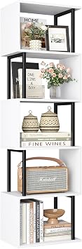Yusong Bookshelf 5-Tier, Geometric Bookcase S Shaped Book Shelves for Bedroom, Modern Wood Decorative Display Shelf Book Case for Home Office, White and Black