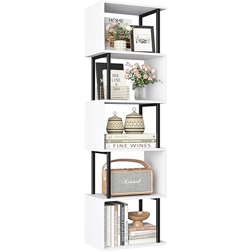 Yusong Bookshelf 5-Tier, Geometric Bookcase S Shaped Book Shelves for Bedroom, Modern Wood Decorative Display Shelf Book Case for Home Office, White and Black
