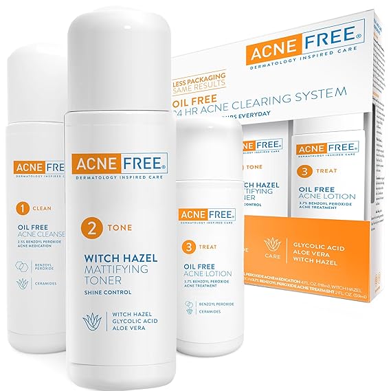 Acne Free 3 Step 24 Hour Acne Treatment Kit - Clearing System W Oil Free Acne Cleanser, Witch Hazel Toner, & Oil Free Acne Lotion - Acne Solution W/ Benzoyl Peroxide for Teens and Adults - Origina...