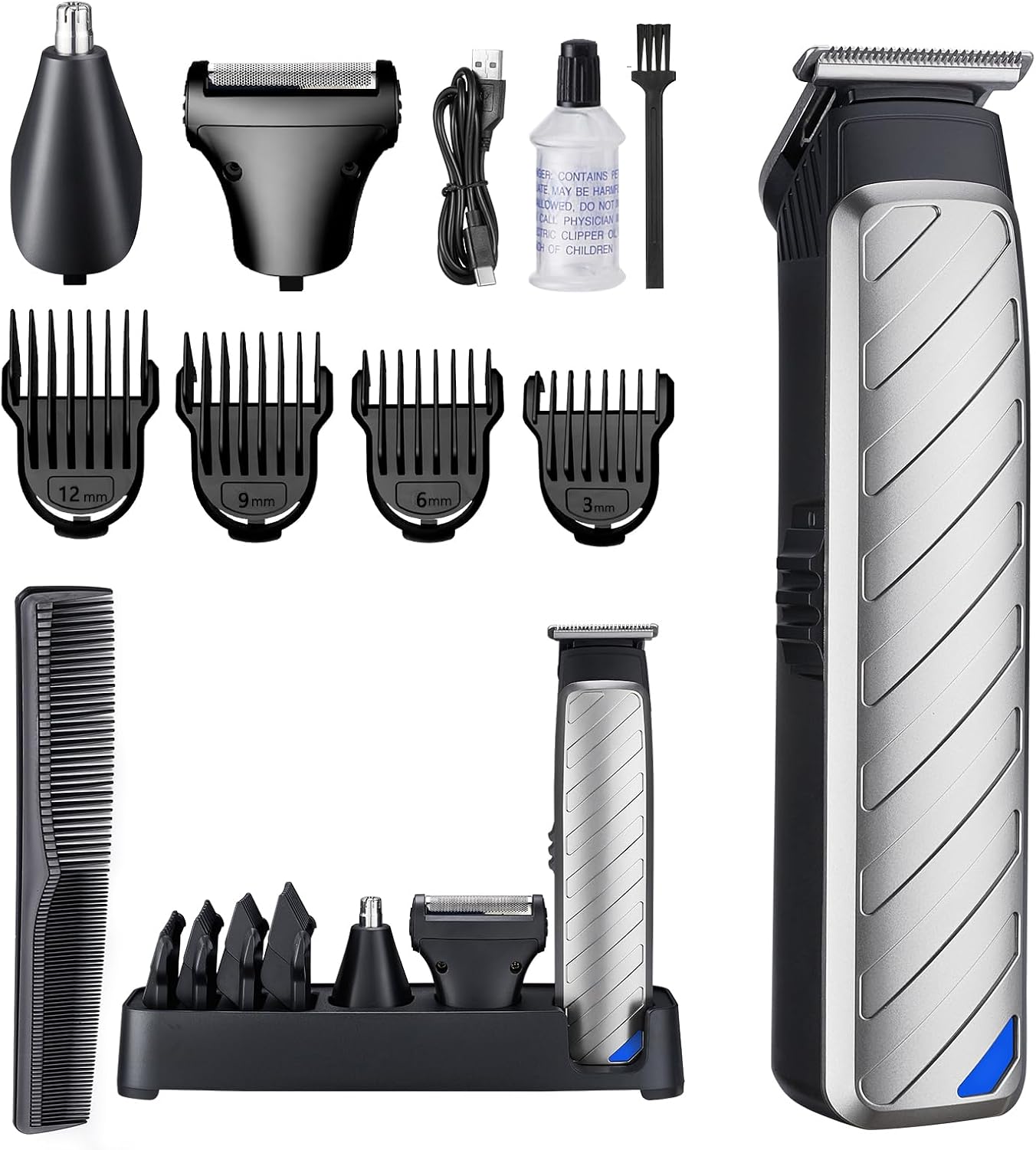 Omicarri 8-in-1 Cordless Hair & Beard Trimmer for Men - Stainless Steel Blades, Nose/Body Groomer, 120Min Battery & Storage Base