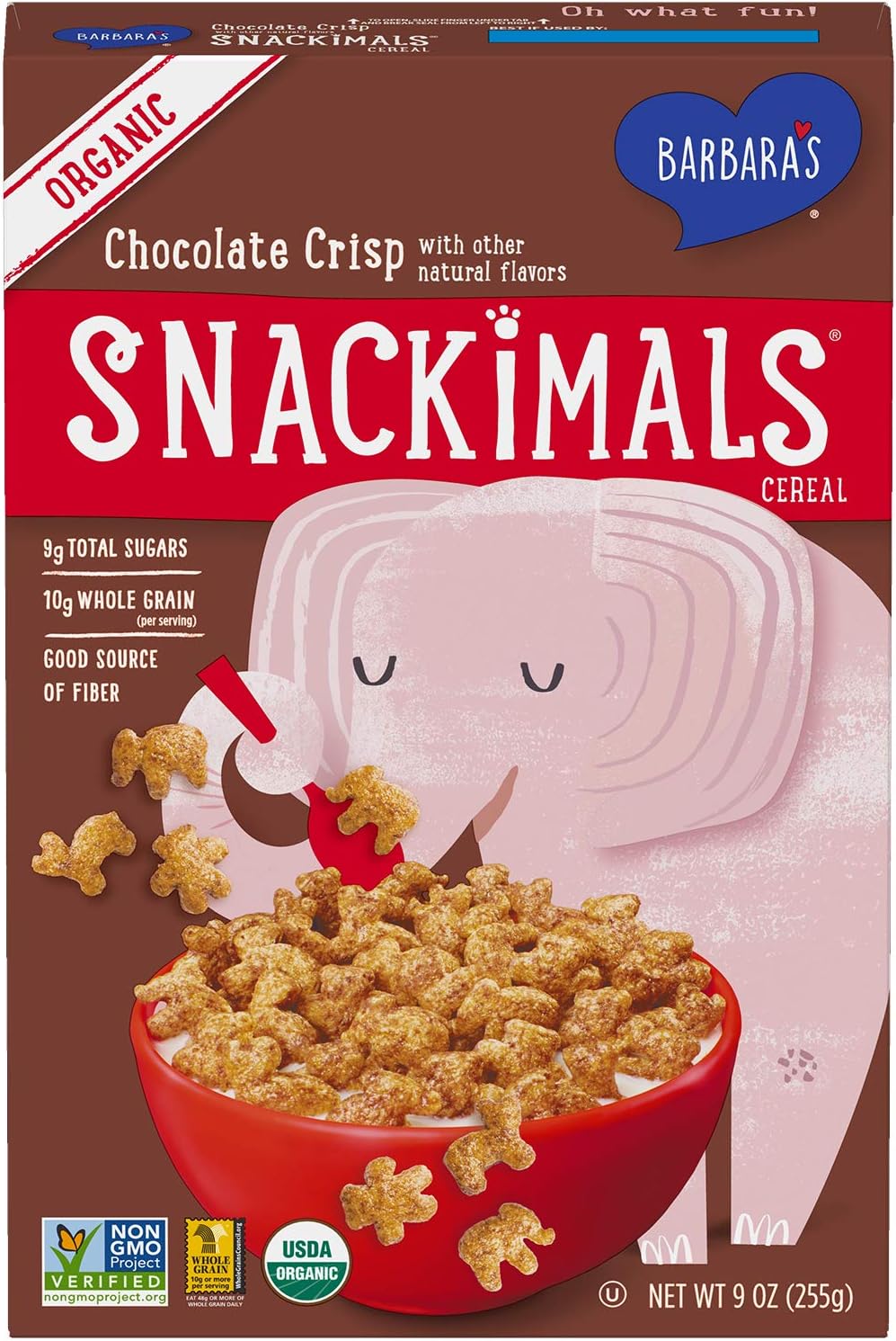 Barbara's Organic Snackimals Chocolate Crisp Cereal, Non-GMO, Whole Grains, 9 Oz Box
