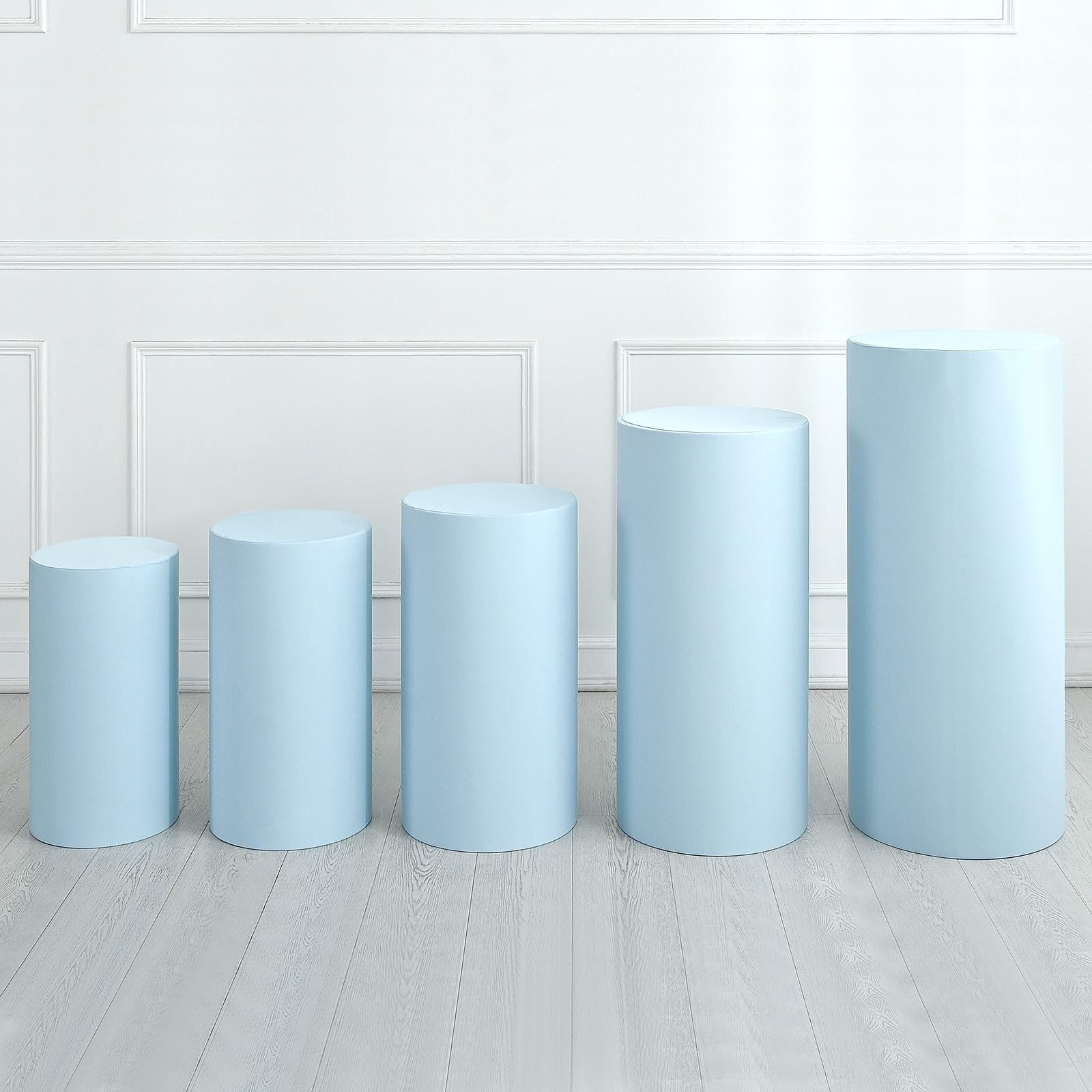 QUARKZMAN Set of 5 Cylindrical Base Covers in Light Blue Spandex, Wedding Decoration