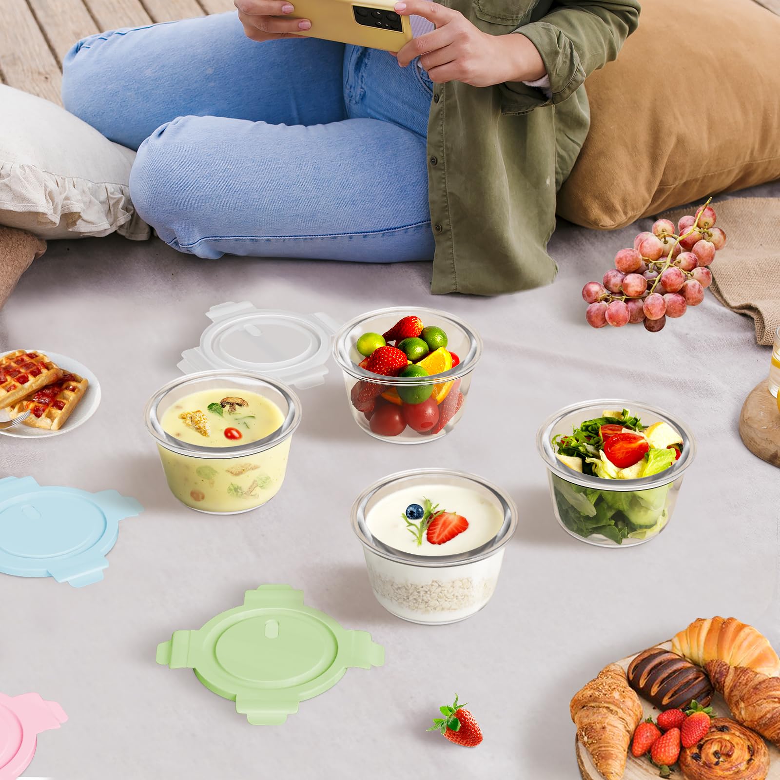 Juego de 8 recipientes de vidrio para preparación de comidas con tapas, herméticos, 2 tazas, recipientes de vidrio resistentes al calor, sin BPA, para sobras de sopa, microondas, lavavajillas y