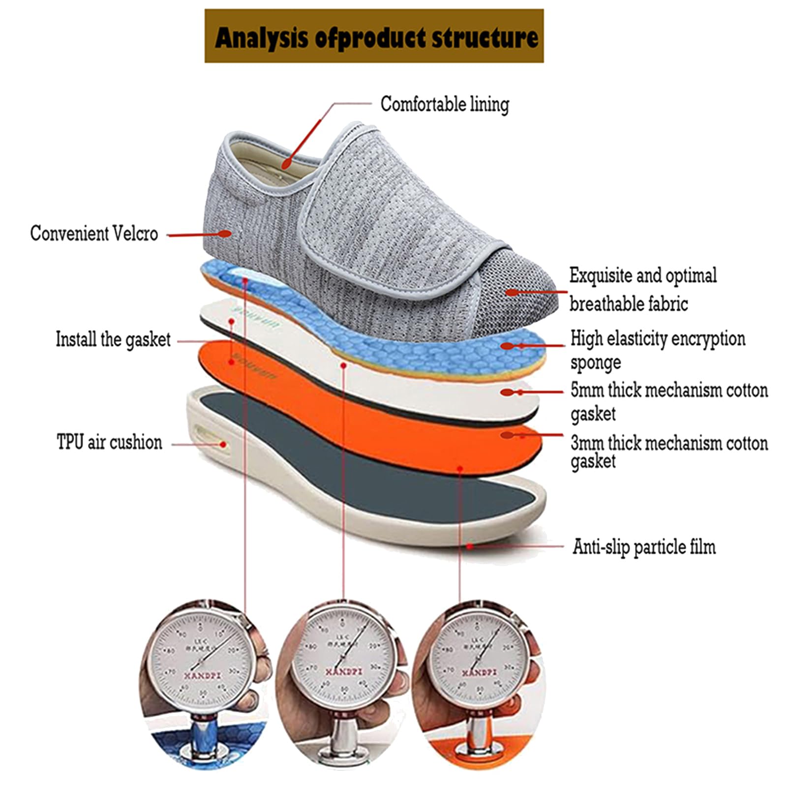 Portatili Scarpe per diabetici,Larghe per Piedi Gonfi Scarpe da Passeggio Regolabili per La Neuropatia Dolorosa dei Piedi degli Anziani.Light Gray 51