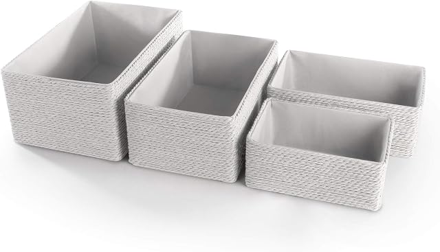 Paper & Cotton White Storage Boxes - Set of 4 | Bedroom & Bathroom Box | Closet Shelf Basket | Toiletry Organiser Baskets | Storage Bins | M&W