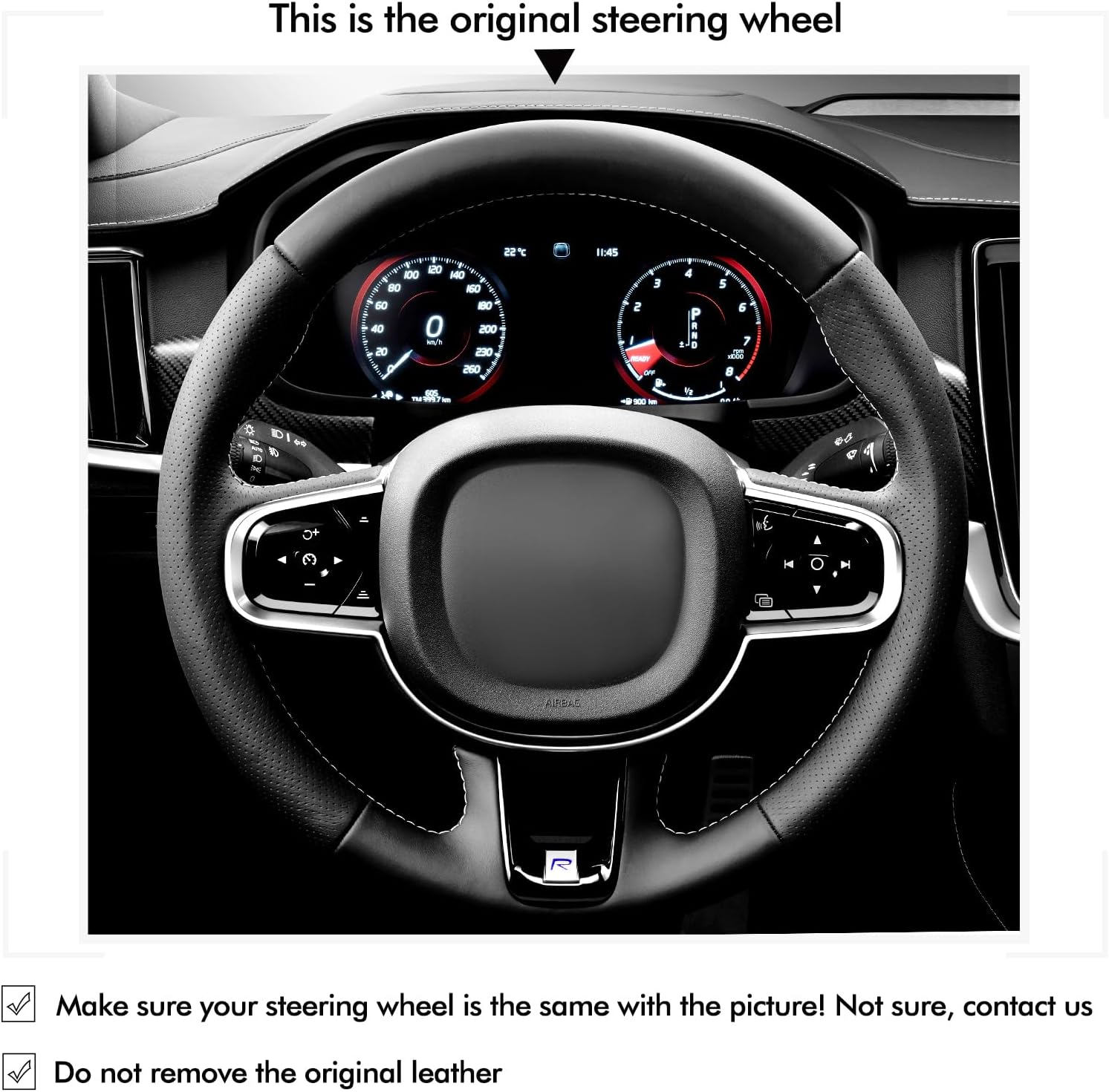 MEWANT Steering Wheel Cover for Volvo S90 V90/XC60 Sport/V60 T8/S60 R-Design/XC90 R-Design 2015-2025 Hand-Stitched Steering Wheel Wrap