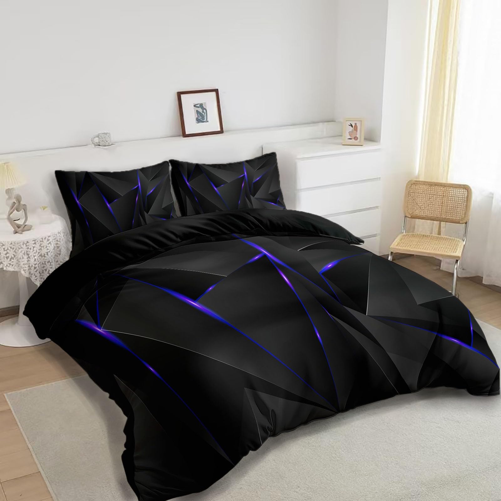 Copripiumino 135x200 cm Triangolo Solido Geometrico Nero Set Copripiumino in Microfibra Cotone, Reversibile Biancheria da Letto 3 Pezzi, Copripiumone con Cerniera e 2 Federe