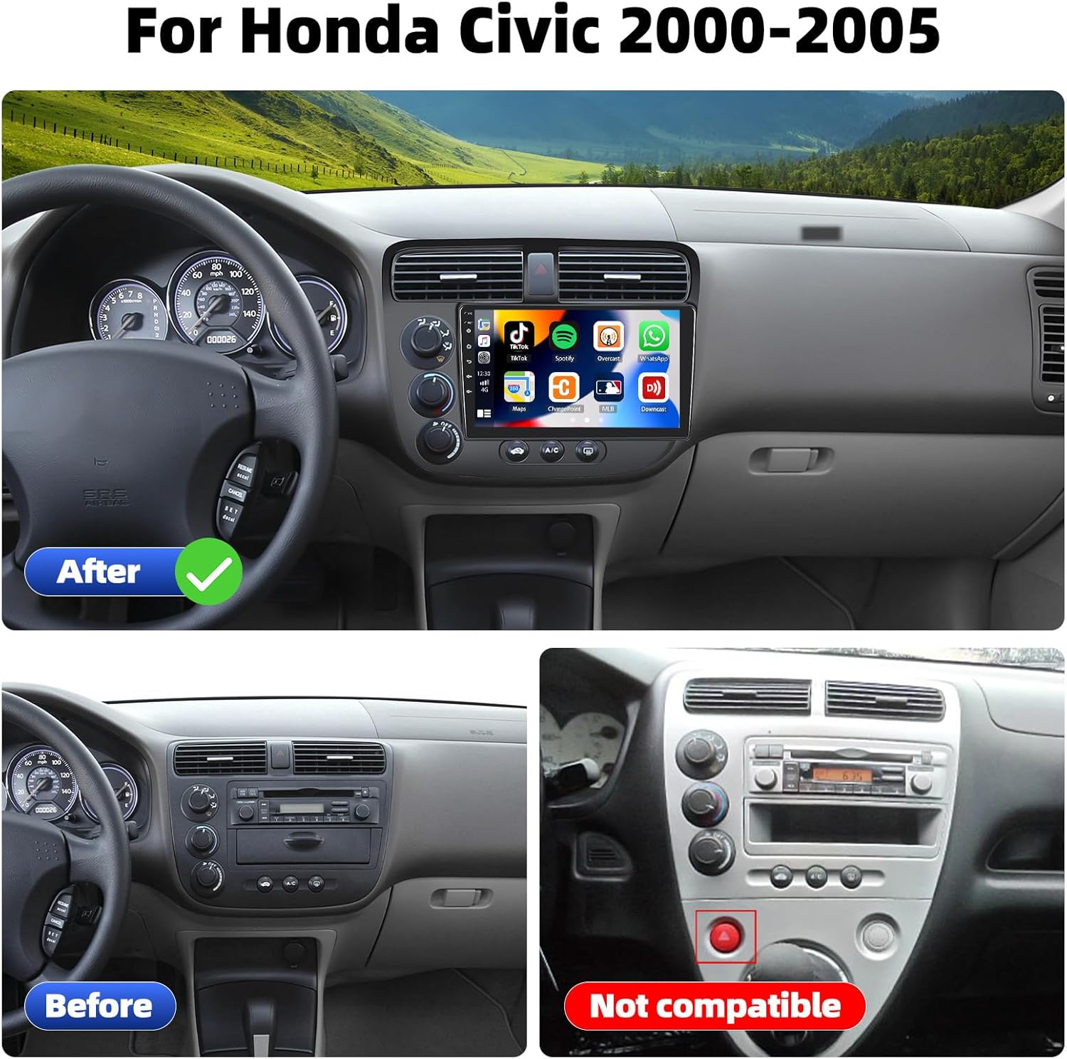 UNITOPSCI 2G+64G Android 13 Car Stereo for Honda Civic 2000-2005 Wireless Apple CarPlay Android Auto 9 Inch HD Touch Screen GPS Navigation Bluetooth Mirror Link WiFi FM/RDS SWC+ Bakup Camera Mic