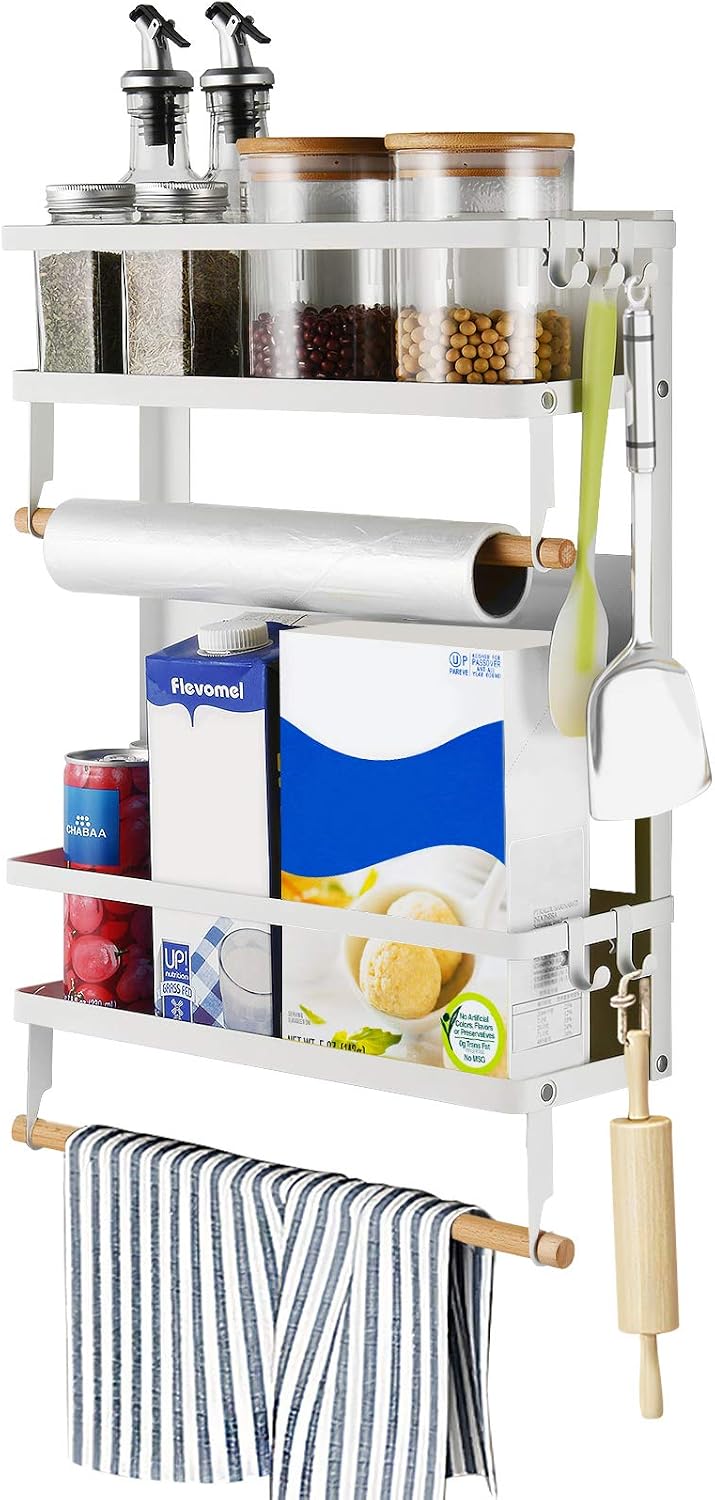 X-Chef Magnetic Spice Rack for Refrigerator, Magnetic Shelf Fridge Organizer, 4 Tier Magnet Kitchen Rack with 5 Removable Hooks and 2 Paper Towel Holders, White