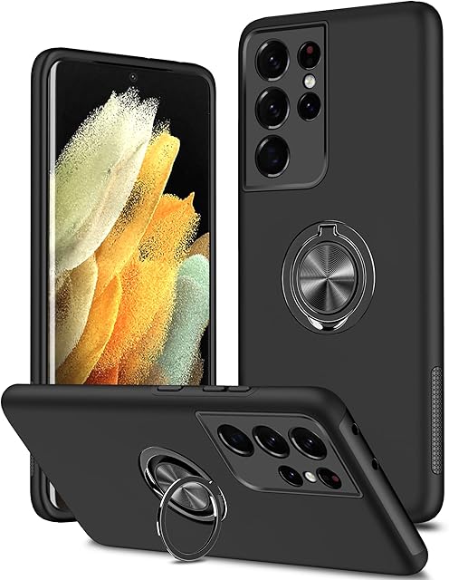 KRAFTCARE for Samsung S21 Ultra Case with Kickstand Ring, Upgrade Shockproof and Anti Scratch 360° Magnetic Ring Holder Stand Protective Phone Case Cover for Samsung Galaxy S21 Ultra - Black