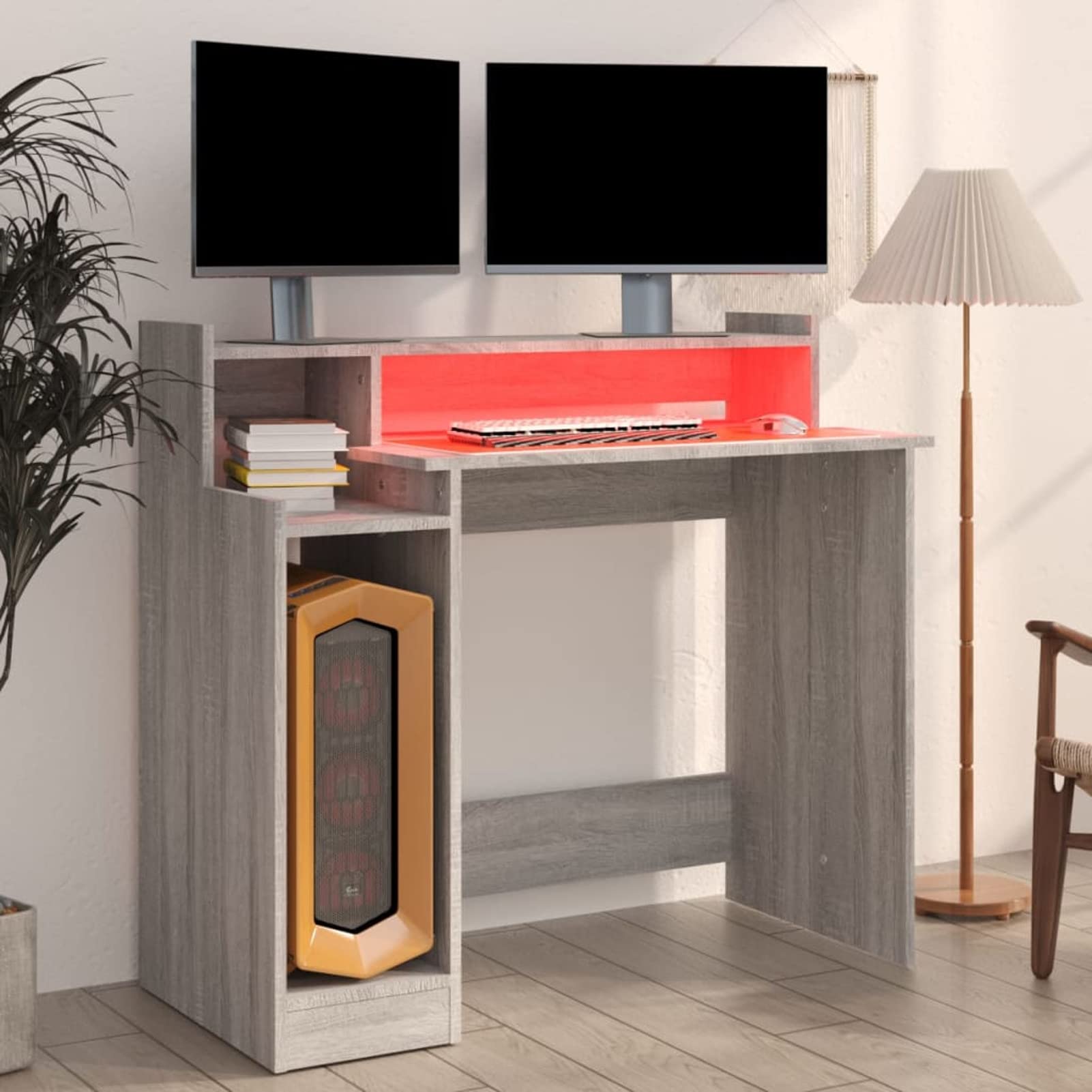 Homgoday Scrivania con Luci LED Grigio Sonoma 97x45x90 cm in Multistrato, Scrivania per Computer, Scrivania Salvaspazio, Tavolo Ufficio, Tavolo Scrivania, Scrivania Gaming per Cameretta