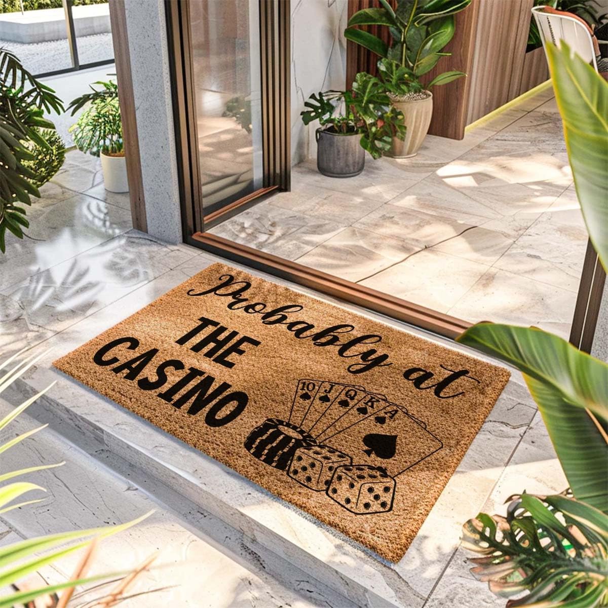 Funny Coir Doormat Welcome Front Porch Decor Mat for The Entrance Way Personalized Rugs with Heavy-Duty PVC Backing Non Slip Outdoor Coir Matt 23.6 x 15.7 inch (Probably at The Casino)