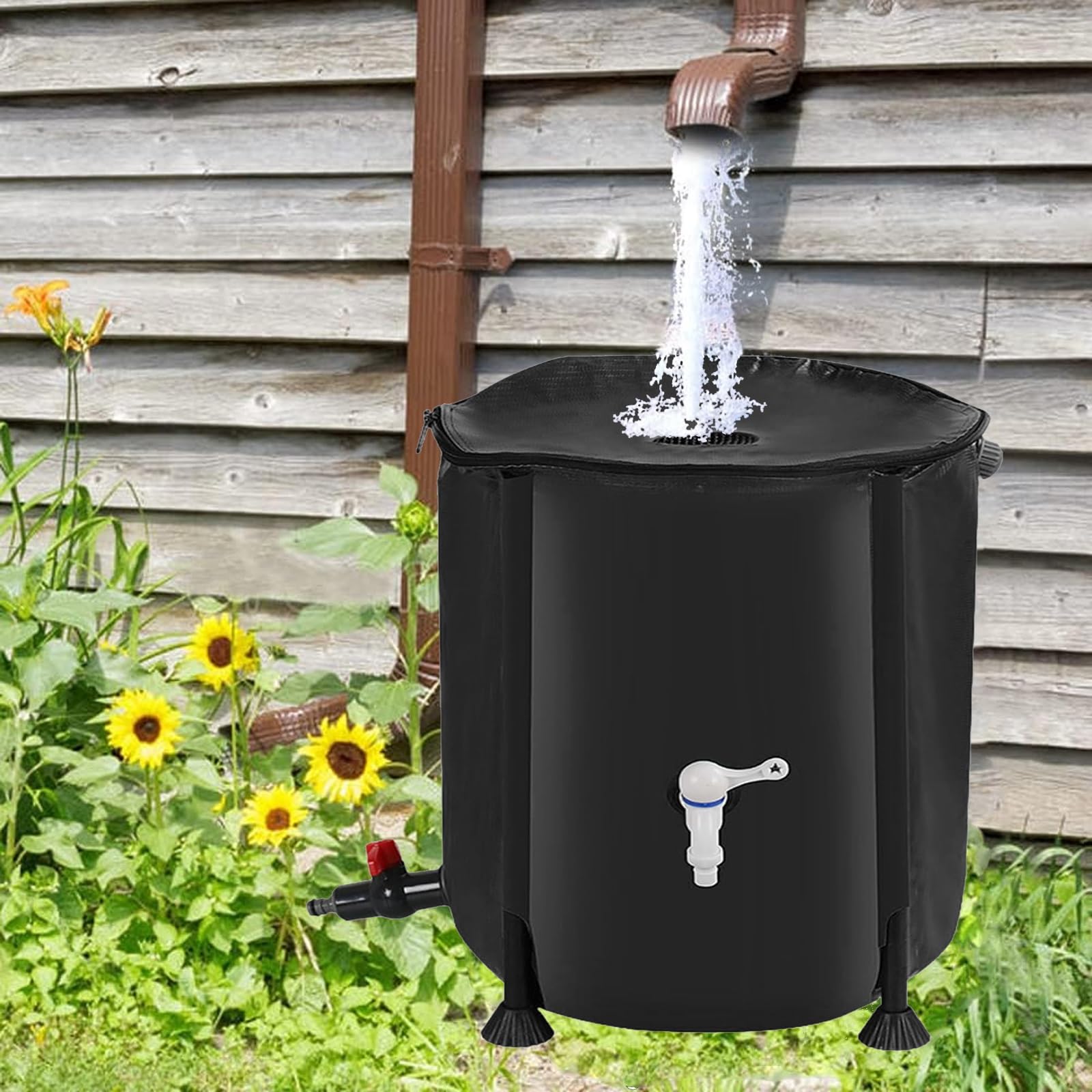 Kit plegable de barril y tope de agua de jardín con grifo de soporte y cubierta de cremallera, sistema de colector de agua de lluvia de 225 L (negro, 60 x 80 cm)