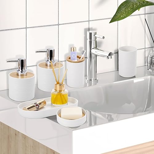 Miniatura 5 de Juego de baño blanco, juego de accesorios de baño blanco con basura, 2 dispensadores de jabón, jabonera, soporte para cepillos de dientes, taza para