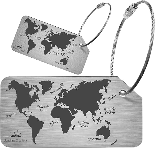 NAJ Luggage Tags 2 Pcs, Luggage Labels for Suitcase, Brushed Aluminum Alloy Travel Accessories with World Map Design Name ID Labels for Small & Large Suitcase, (Silver)